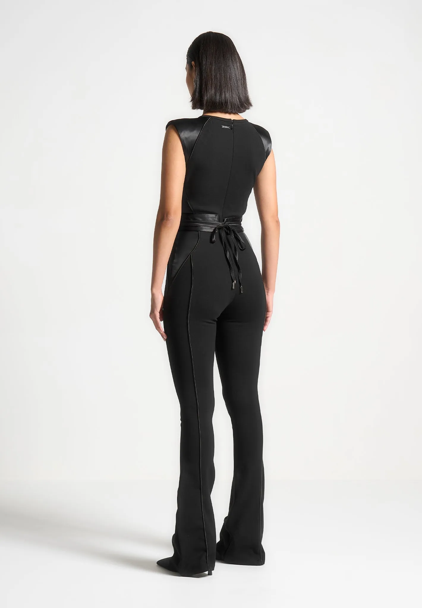 DurableReinforcement Satin Contour Flared Jumpsuit - Black