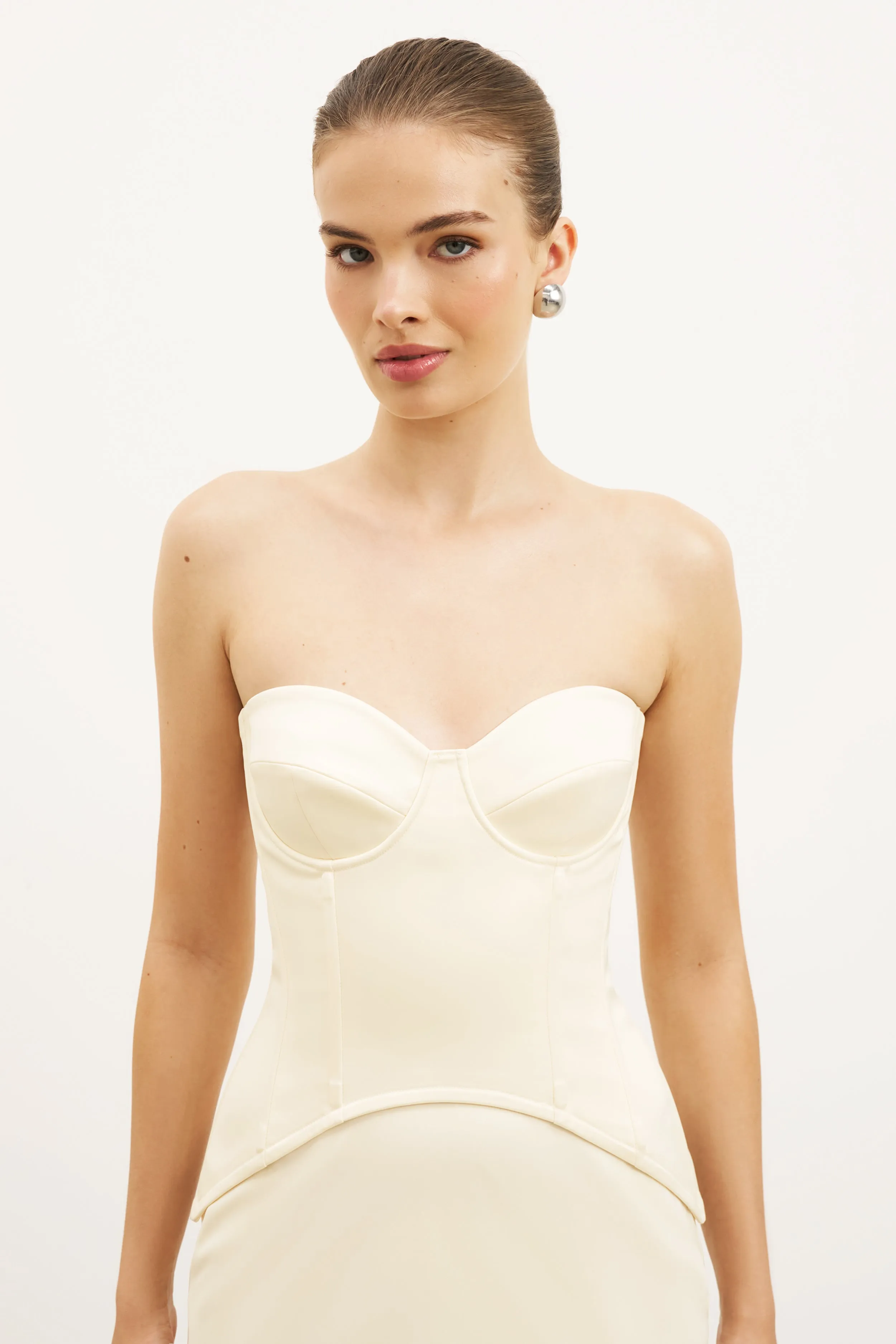 Contrast-Piping Satin Corset Gown with Sweetheart Neckline - Buttermilk