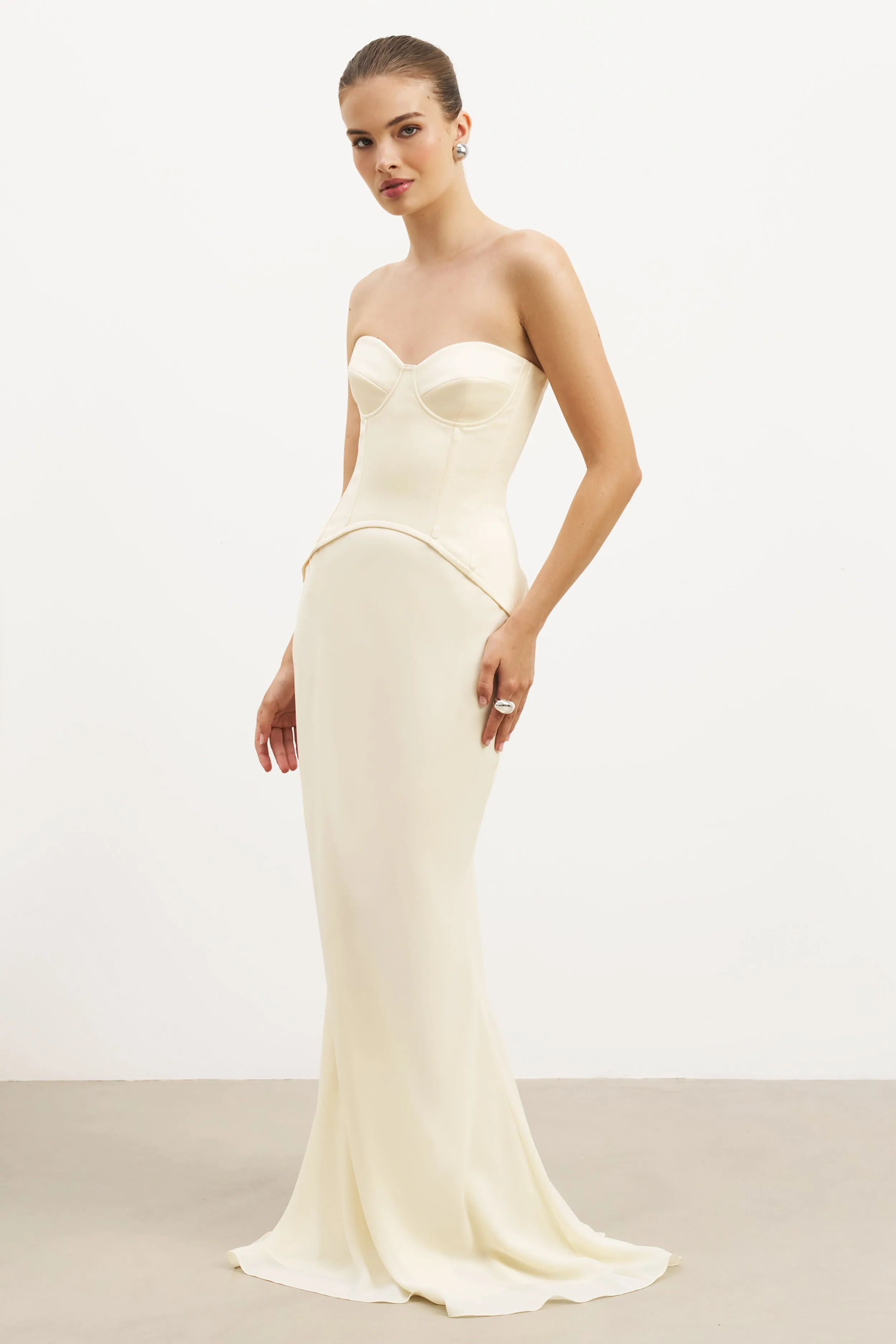 Satin Corset Gown with Sweetheart Neckline - Buttermilk Wool-Blend