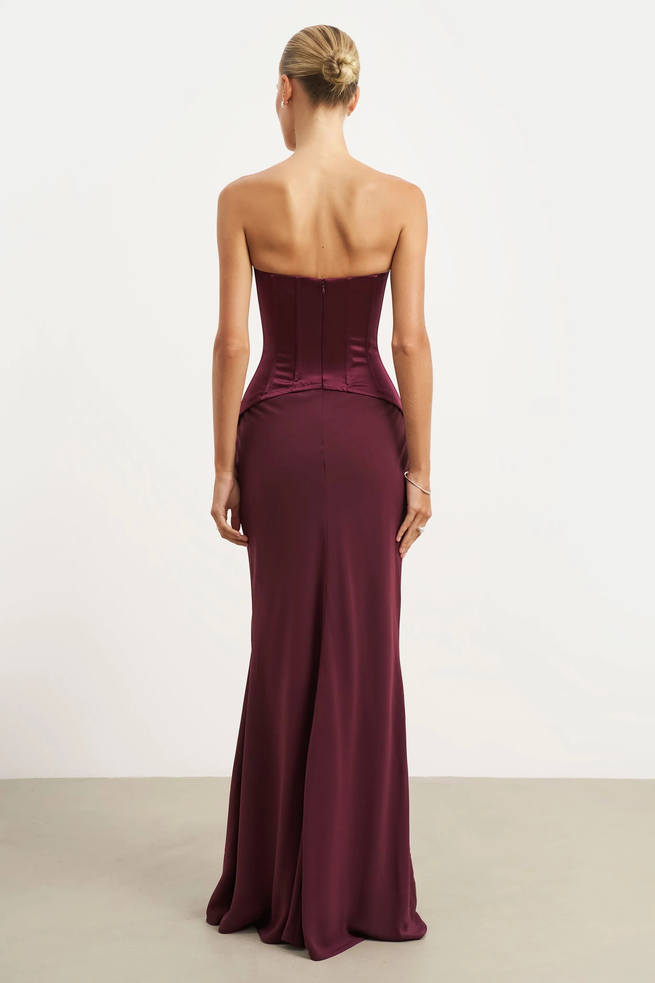 Front Ruffle Satin Corset Gown with Sweetheart Neckline - Mulberry
