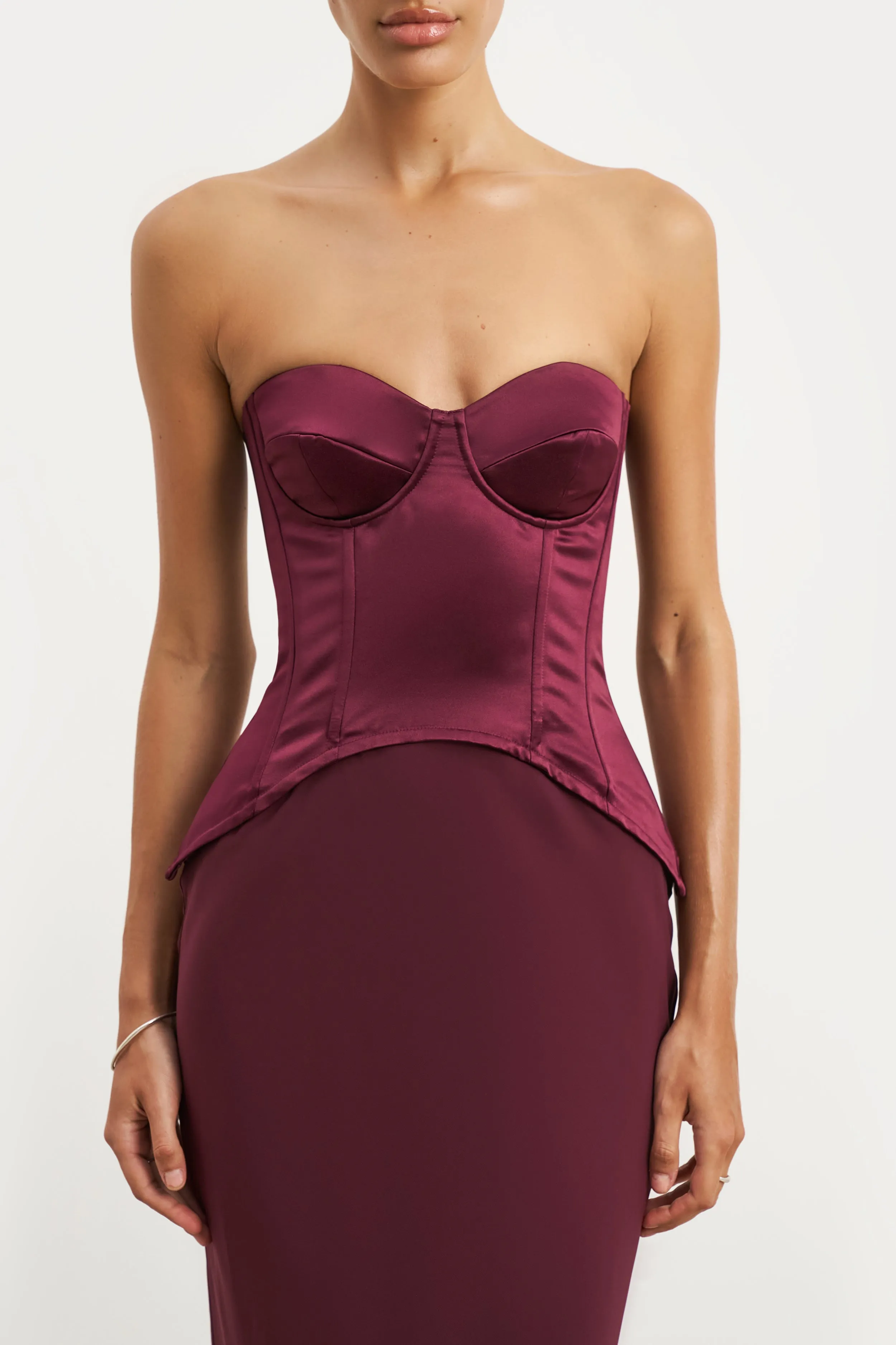 Natural Wrap Satin Corset Gown with Sweetheart Neckline - Mulberry