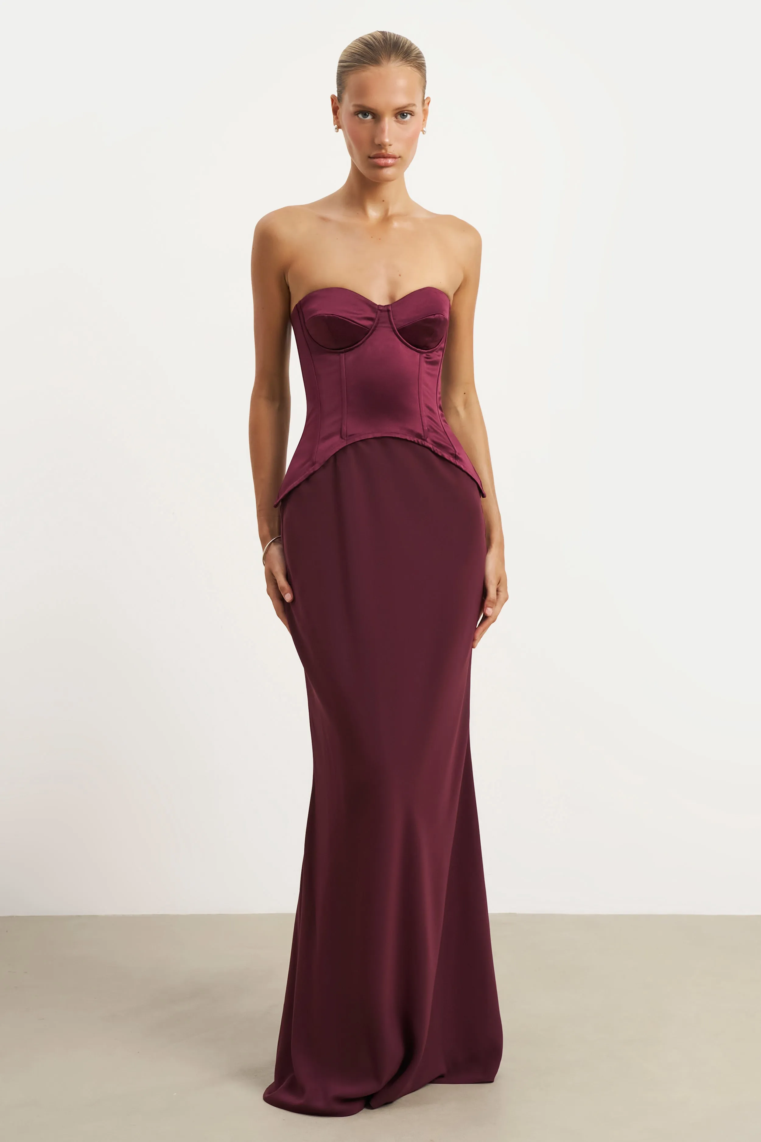 Satin Corset Gown with Sweetheart Neckline - Mulberry Vibrant Wear Golden Scene