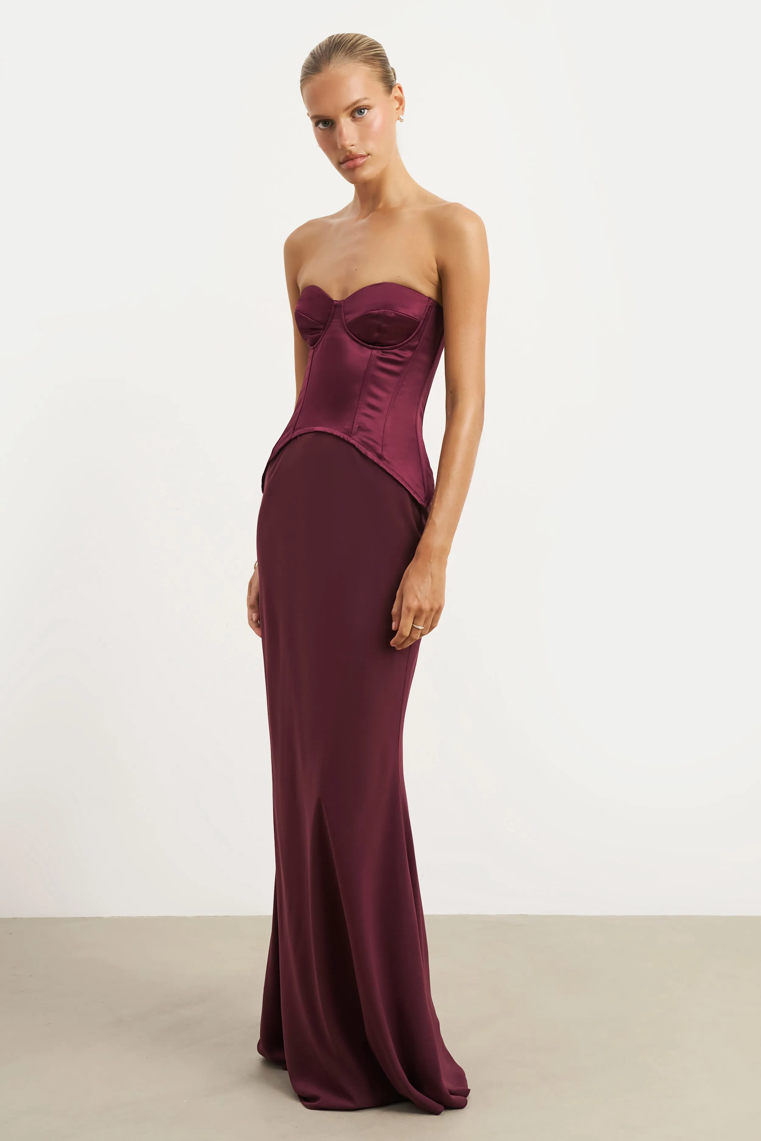 Balanced Fit Satin Corset Gown with Sweetheart Neckline - Mulberry