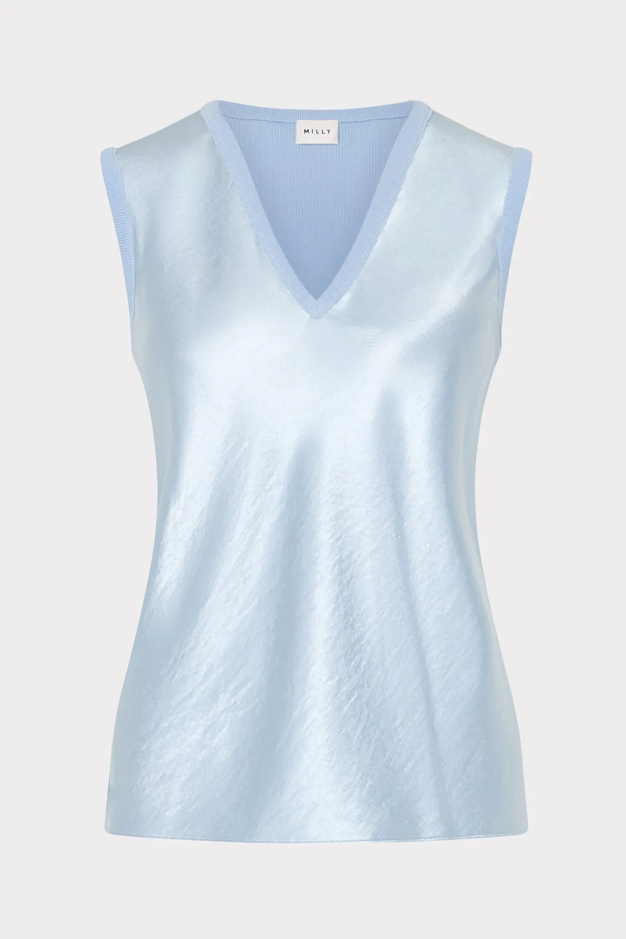 Stylish Look DoubleNeedle Stitching Satin Knit Combination V-Neck Top