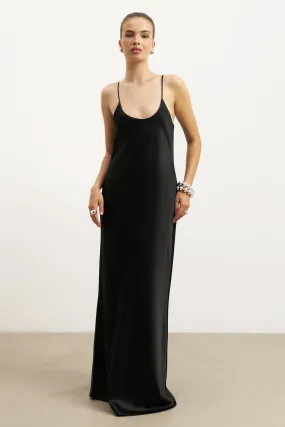 Satin Scoop Neck Camisole Maxi Dress - Black Flow Friendly Silky Drape
