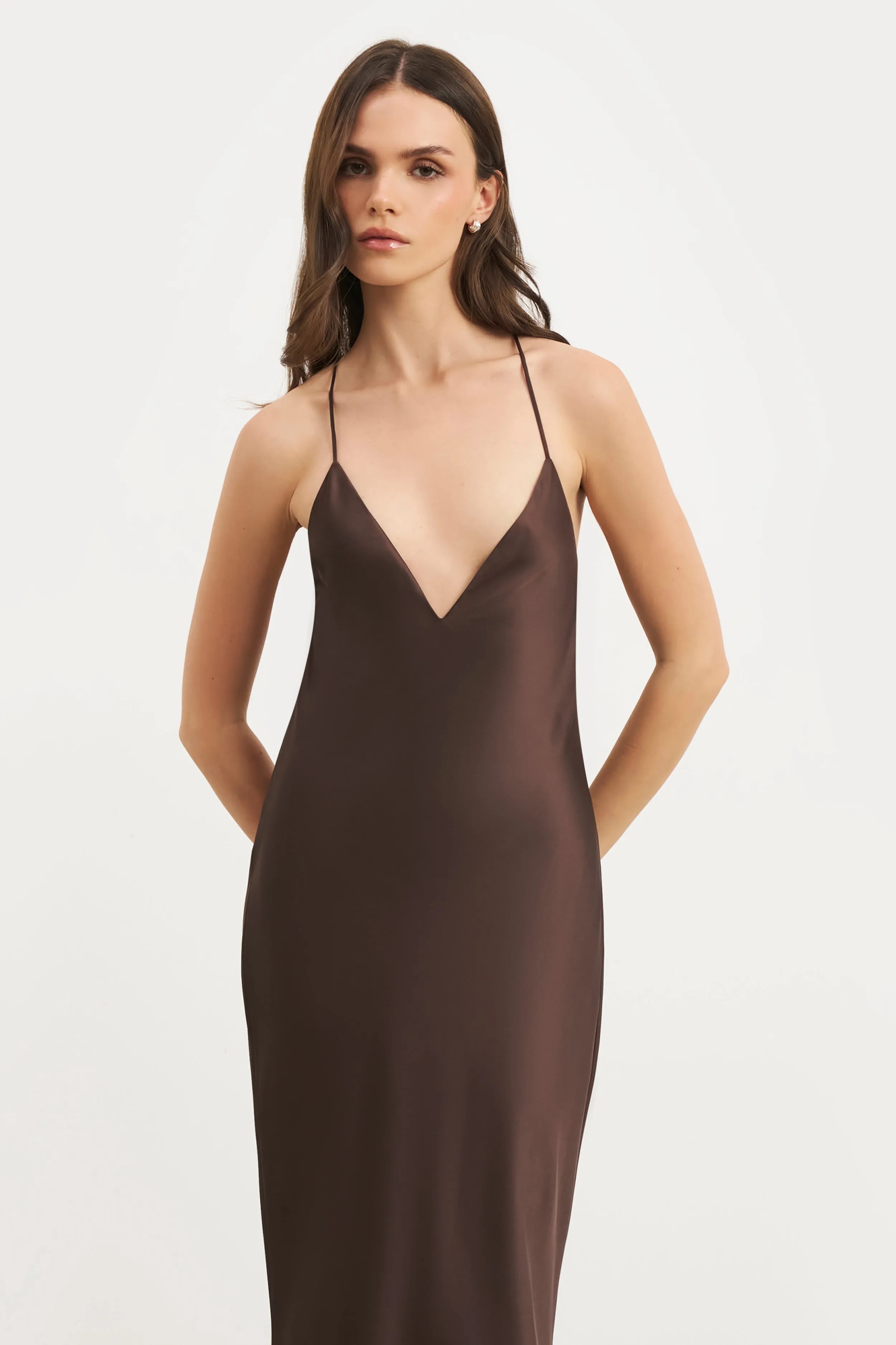 Event Glow Satin Slinky Cowl Back Gown - Carob