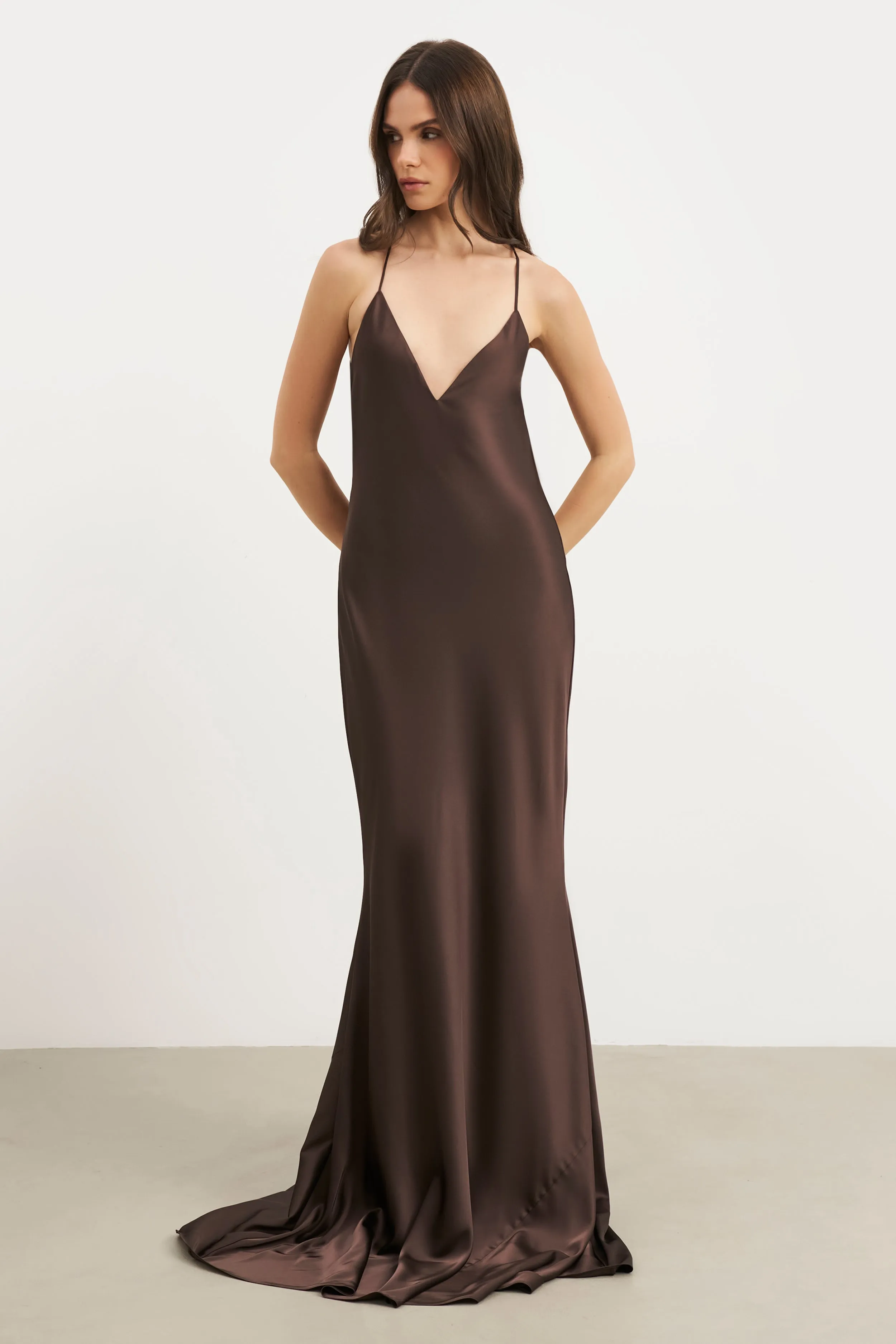 Satin Slinky Cowl Back Gown - Carob Calm Energy Snap-Closure