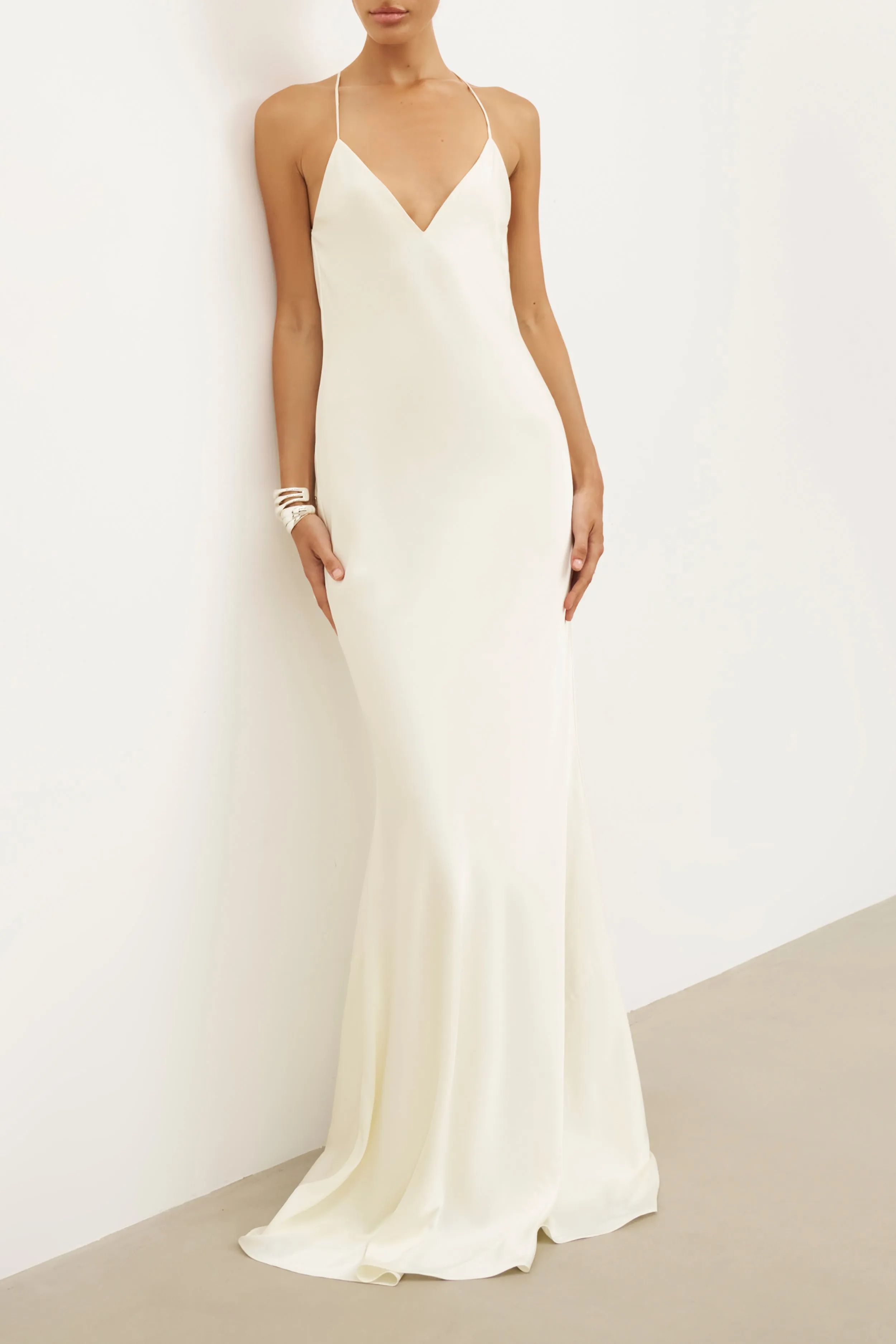 Satin Slinky Cowl Back Gown - Ivory Draped Layer