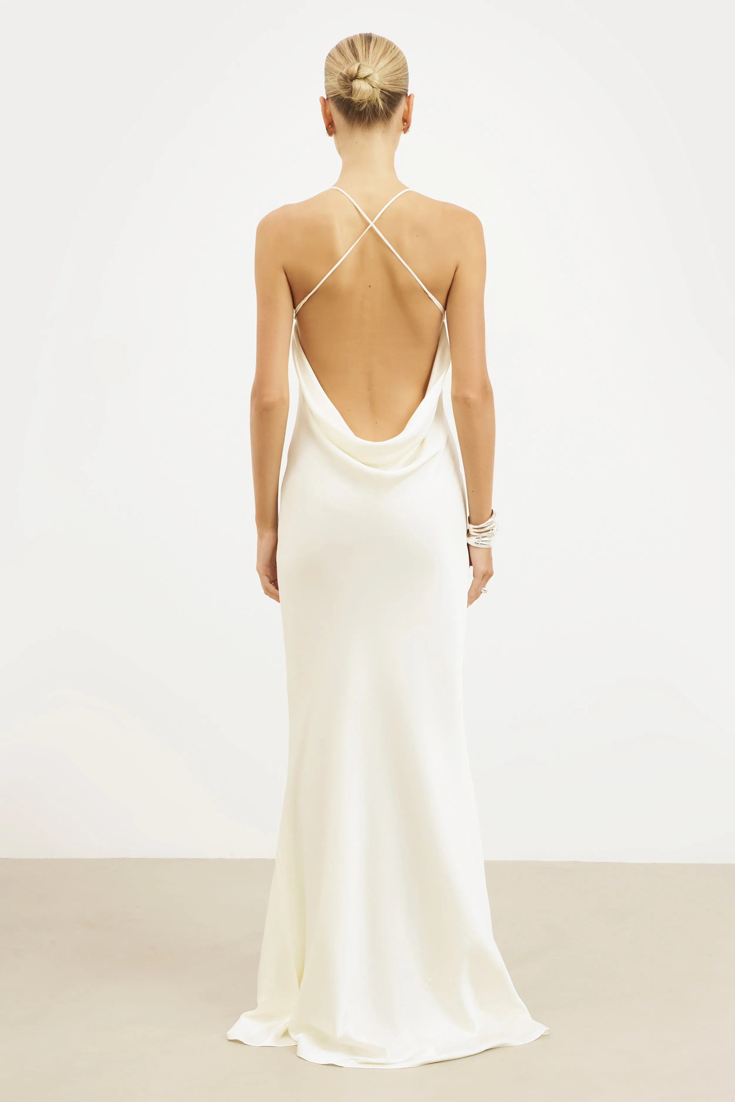 Light And Airy Urban Wear Satin Slinky Cowl Back Gown - Ivory