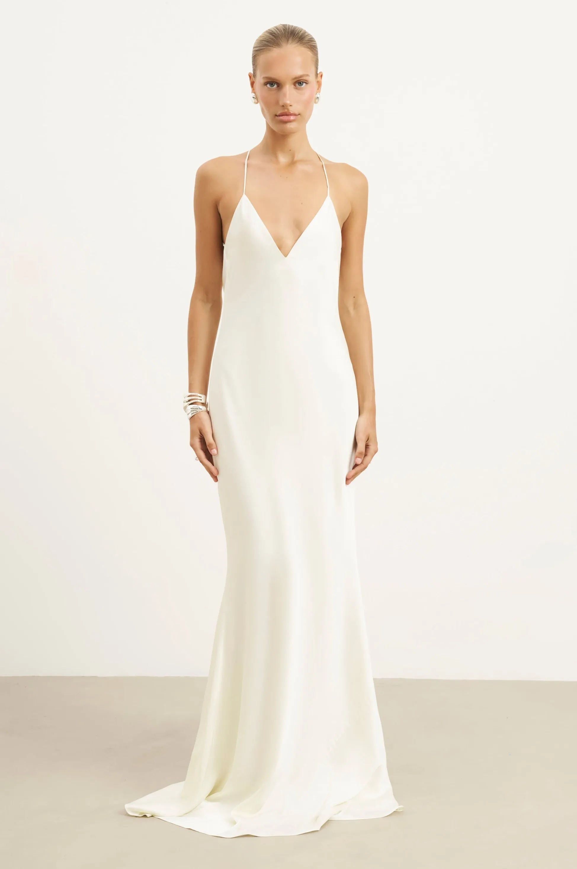 Glossy-Finish Satin Slinky Cowl Back Gown - Ivory