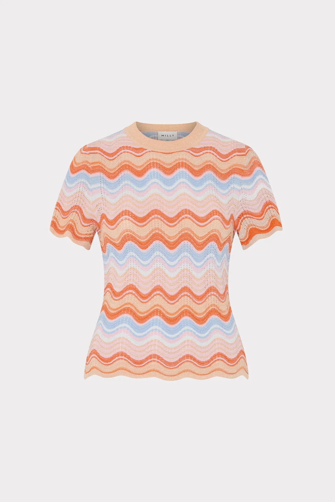 Scallop Wave Short Sleeve Top Stretchy Top Stretch Woven Material