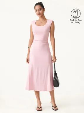 Scoop Neck Side Ruched New Airy Brami Midi Dress Summer Staple Tasteful Detail
