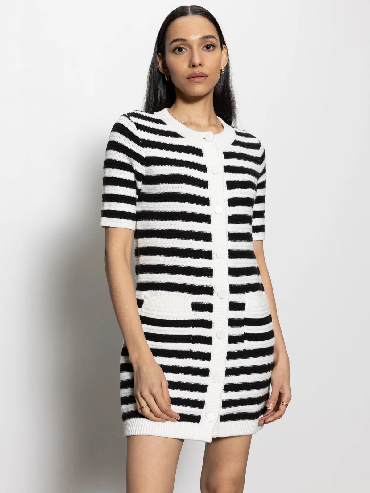 Button Front Knitted Dress Chalk And Black Stripe Machine washable Moisture wicking