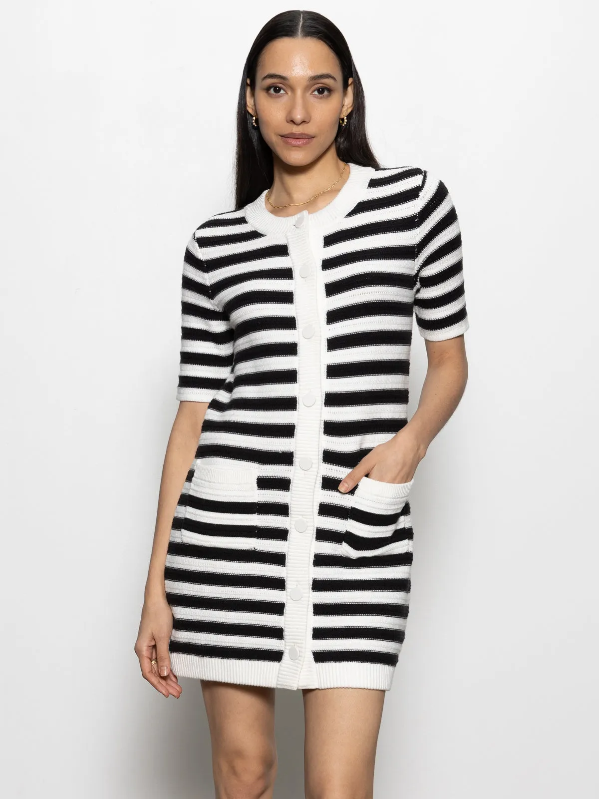 Eco Swimwear Button Front Knitted Dress Chalk And Black Stripe