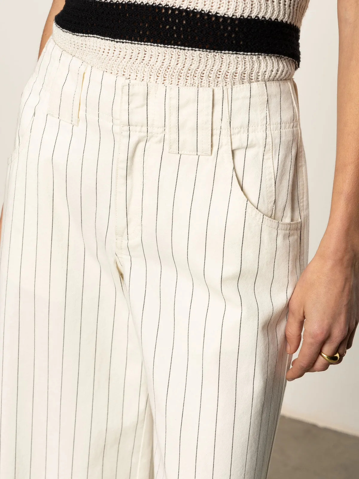 Arden Wide Leg Jeans Bleached White Pinstripe Wool blend NoBuckleDesign