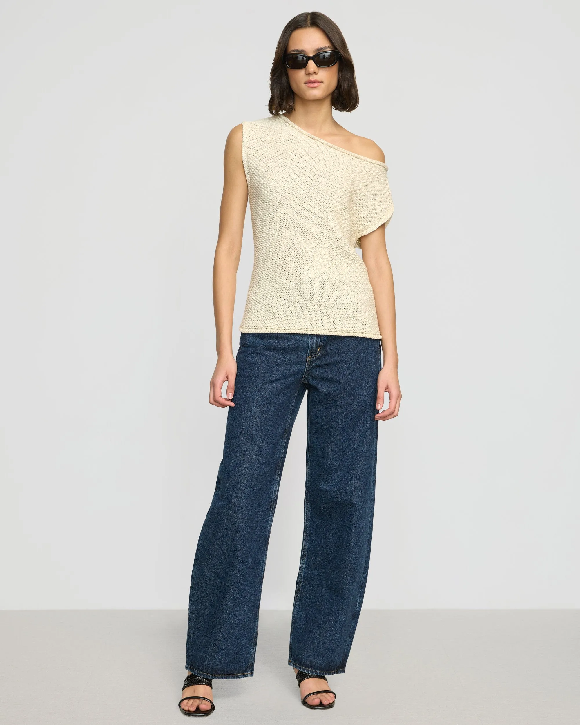 Chisa Textured Off-Shoulder Knit Top Bias Cut Hem Details