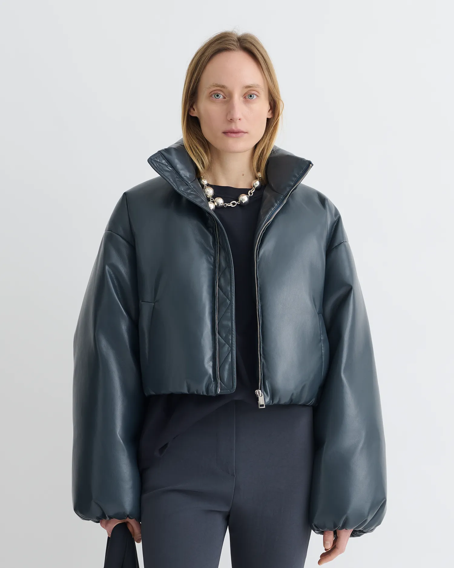 Handmade Reinforced-stitching Lilima - Cropped Okobor? Alt-Leather Puffer Jacket - Steel Blue