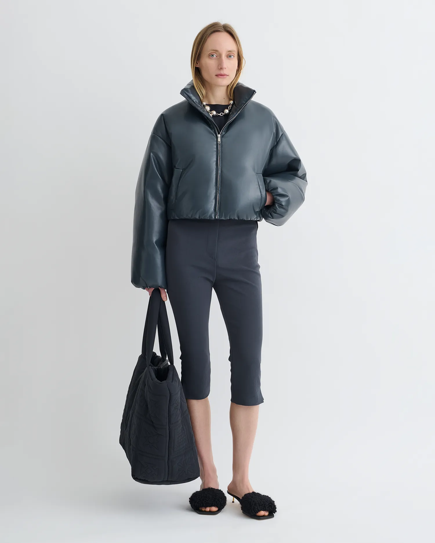 TearResistant Lilima - Cropped Okobor? Alt-Leather Puffer Jacket - Steel Blue