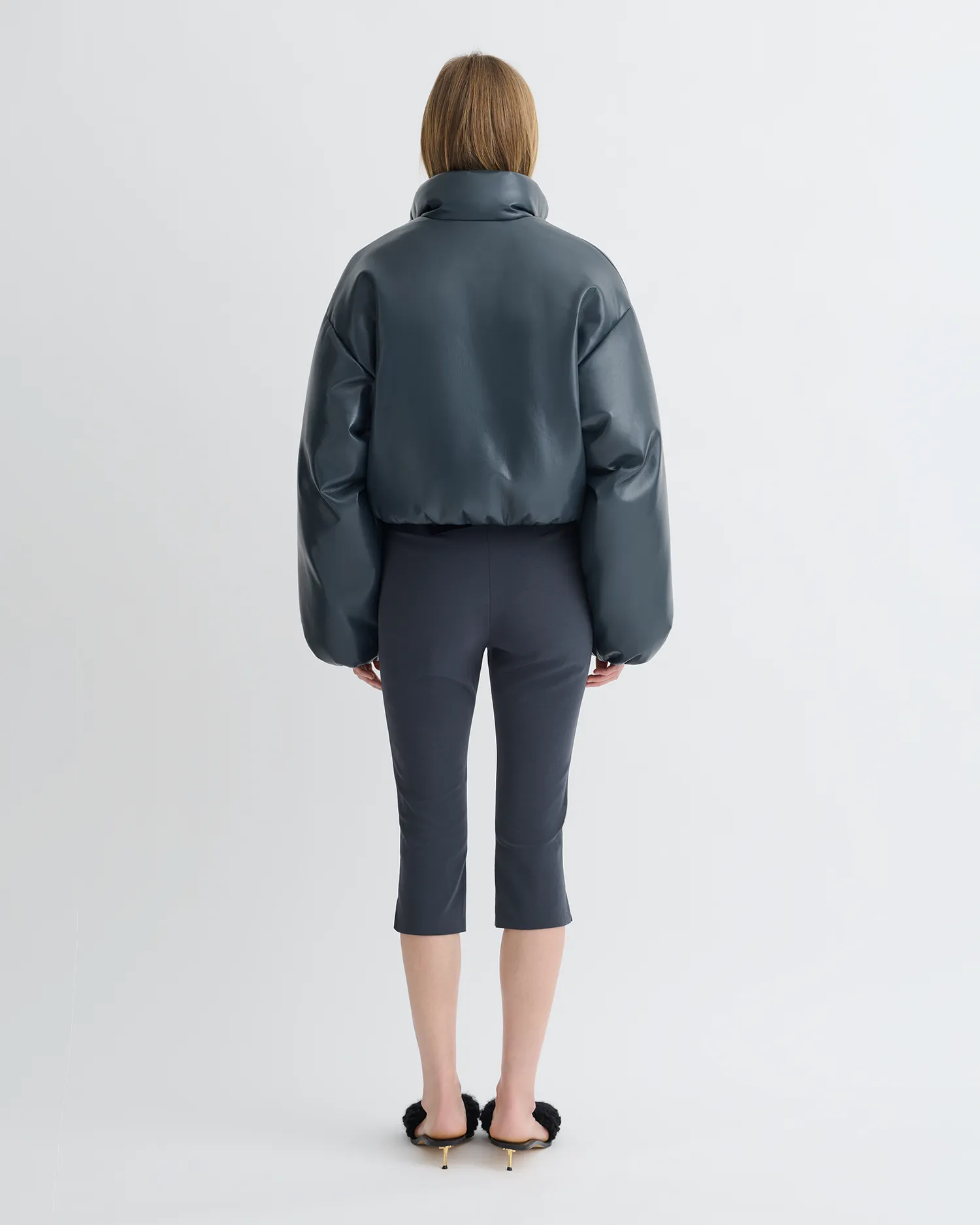 NFC Lilima - Cropped Okobor? Alt-Leather Puffer Jacket - Steel Blue