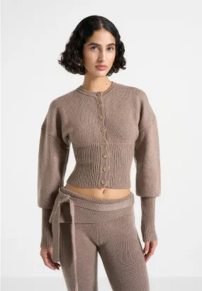 SoftTouchBrushedInterior AdjustableDrawstring Knitted Cinch Waist Cardigan - Taupe