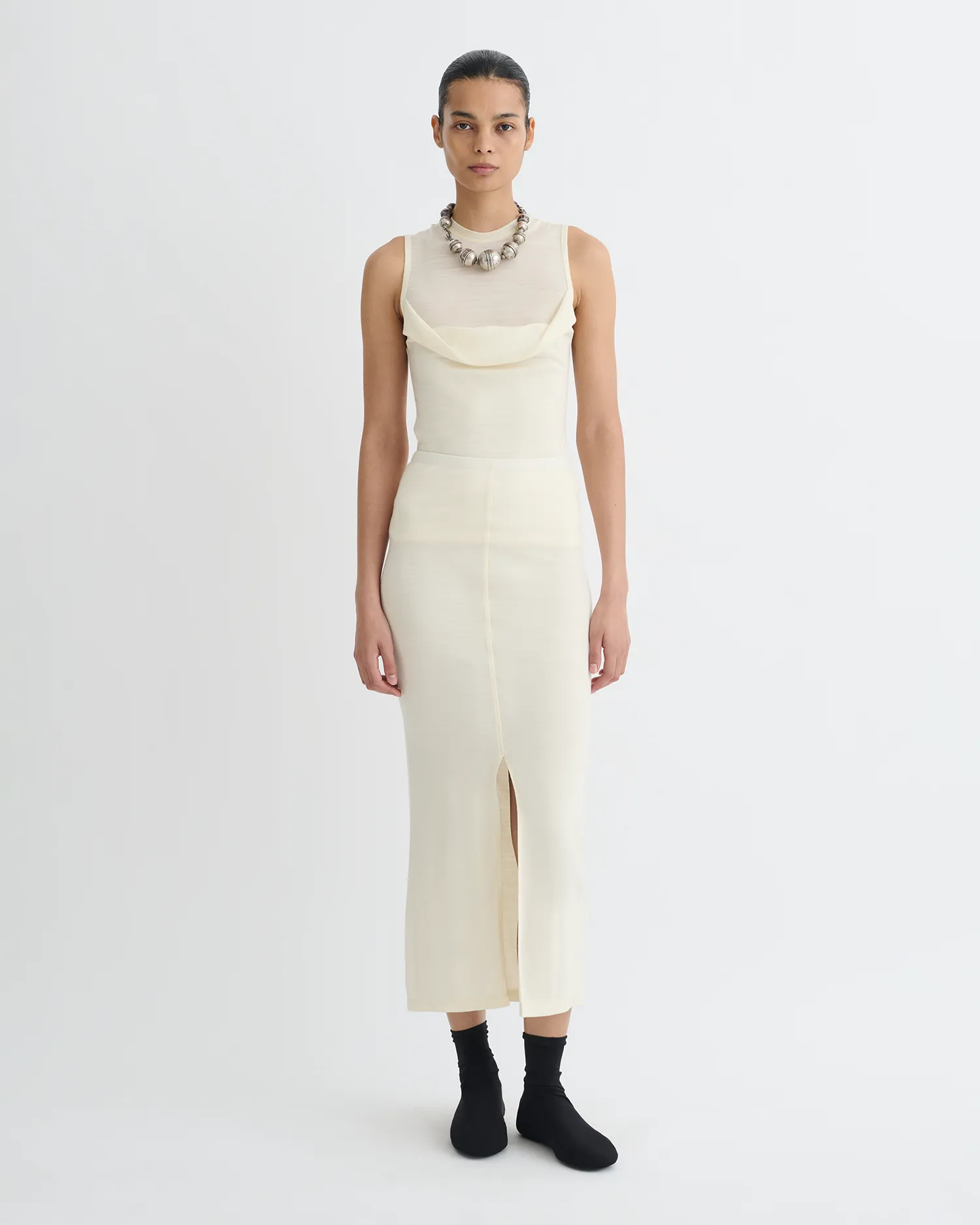 AntiStaticFinish Durable Binding Rafa - Wool Jersey Midi Skirt - Creme