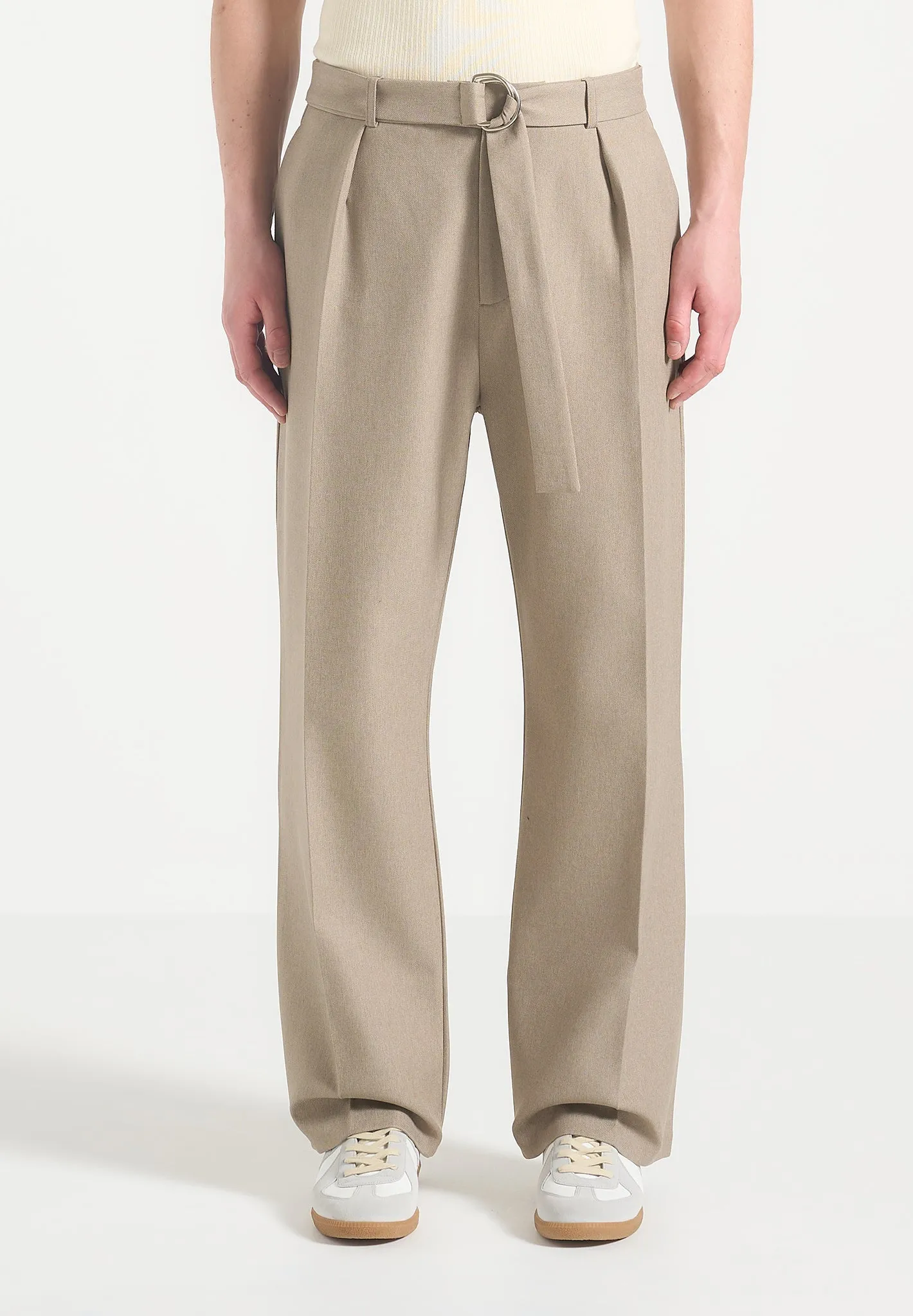 Louis - Relaxed Fit Belted Tailored Trousers - Beige Slim Lapel Variations Business Comfort