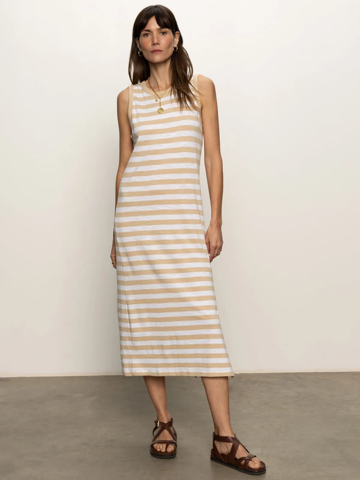 Contrast Trim Maxi Dress Sandstone White Stripe Work Fit Graduation-Event