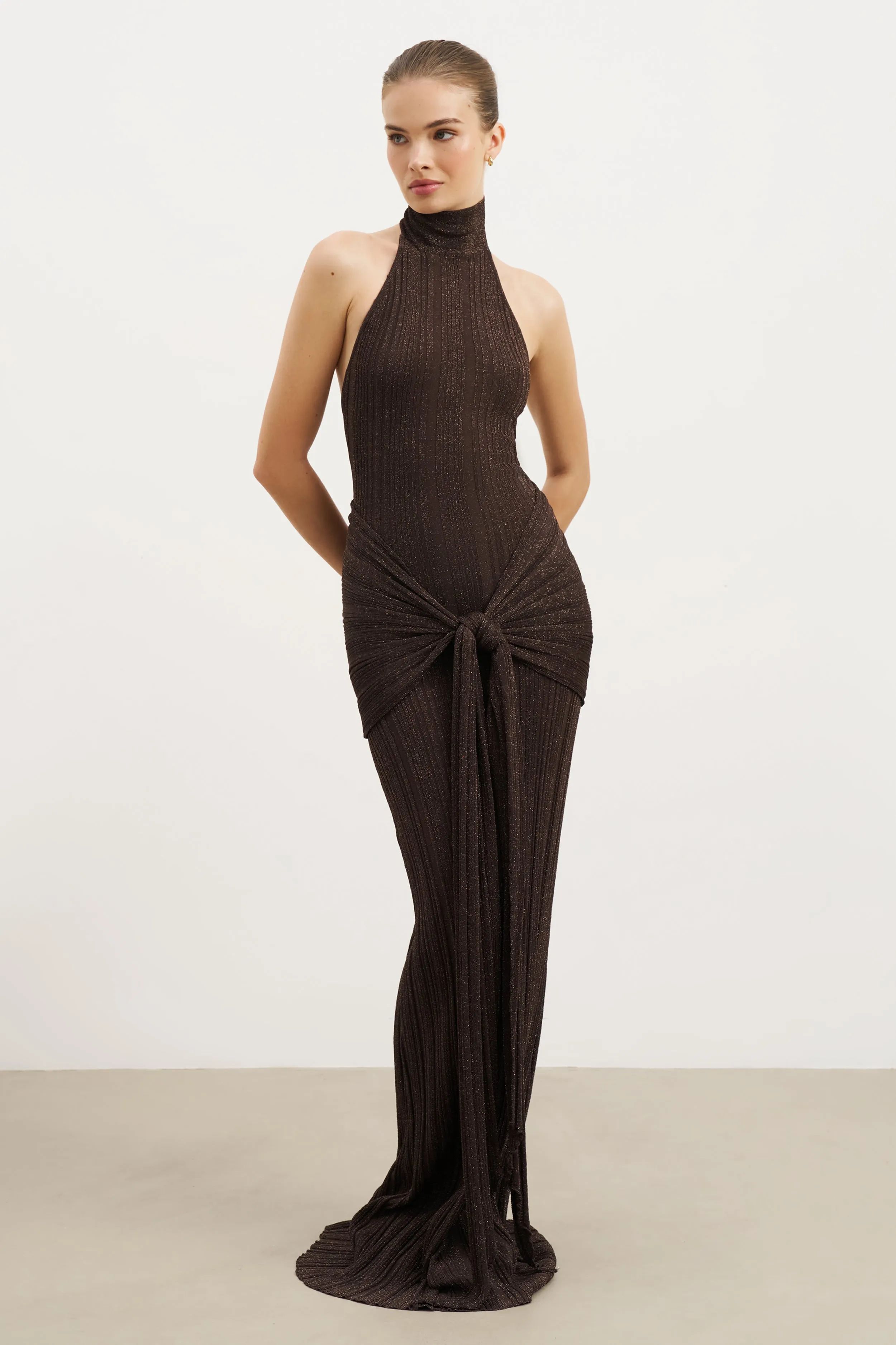 Soft Contour Fine Knit Gathered Halter Neck Maxi Dress - Carob Shimmer