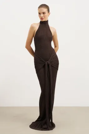 Soft Contour Fine Knit Gathered Halter Neck Maxi Dress - Carob Shimmer