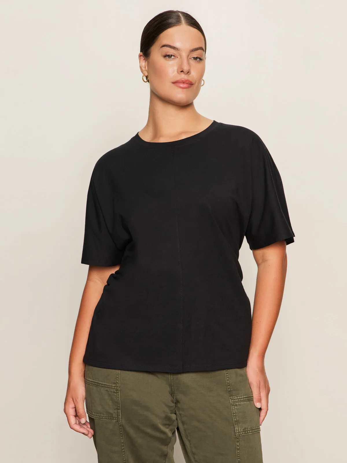 Comfy Layer Wear Classic timelessness Shirred Waist Dolman Tee Black Extended Sizing