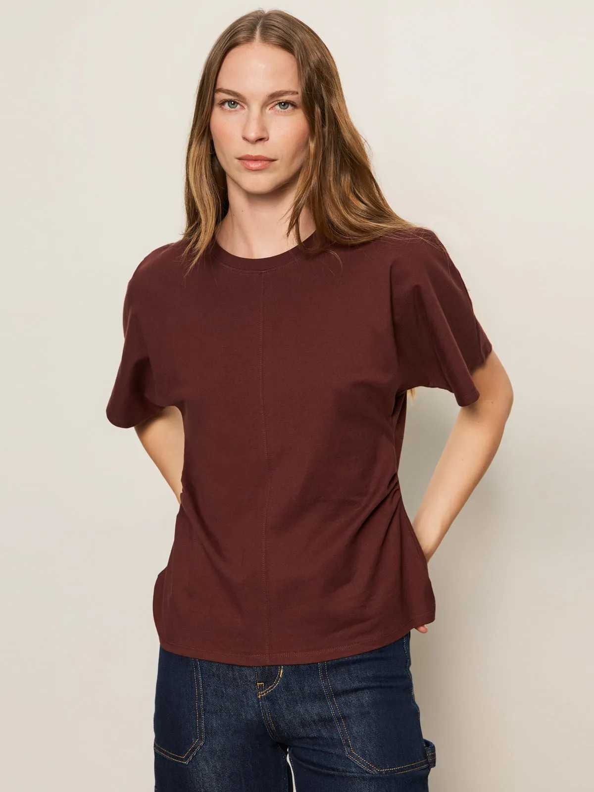 Tailored Seams Shirred Waist Dolman Tee Chicory