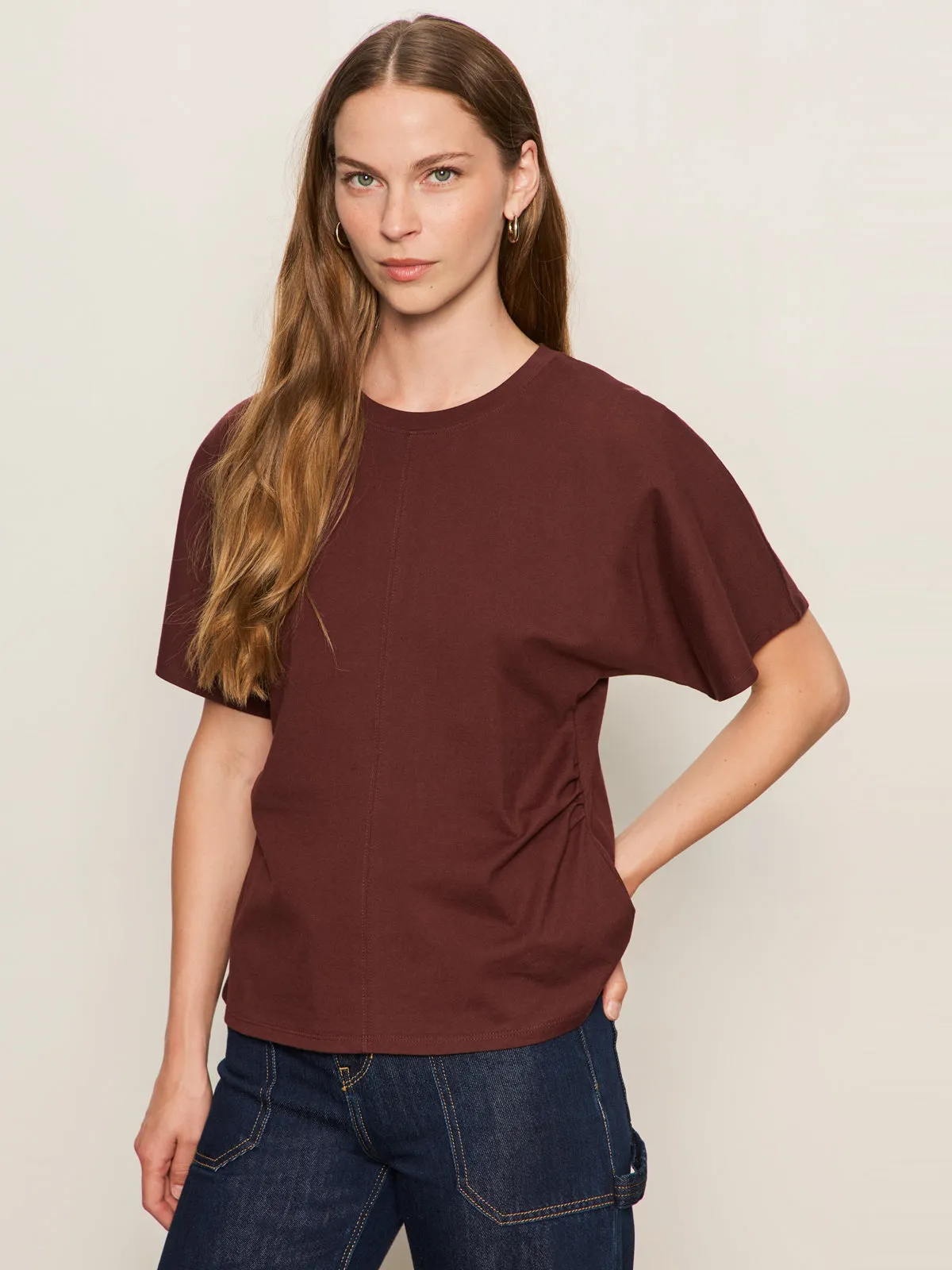 ElasticEdgeBinding Relaxed Blouse Shirred Waist Dolman Tee Chicory