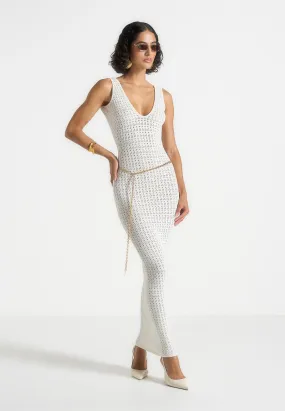 Texture Play Office Classic Myriam - Pointelle Plunge Midaxi Dress With Chain - Cream