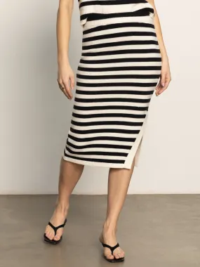 Mid Rise Side Slit Midi Skirt Black/ Macrame Stripe