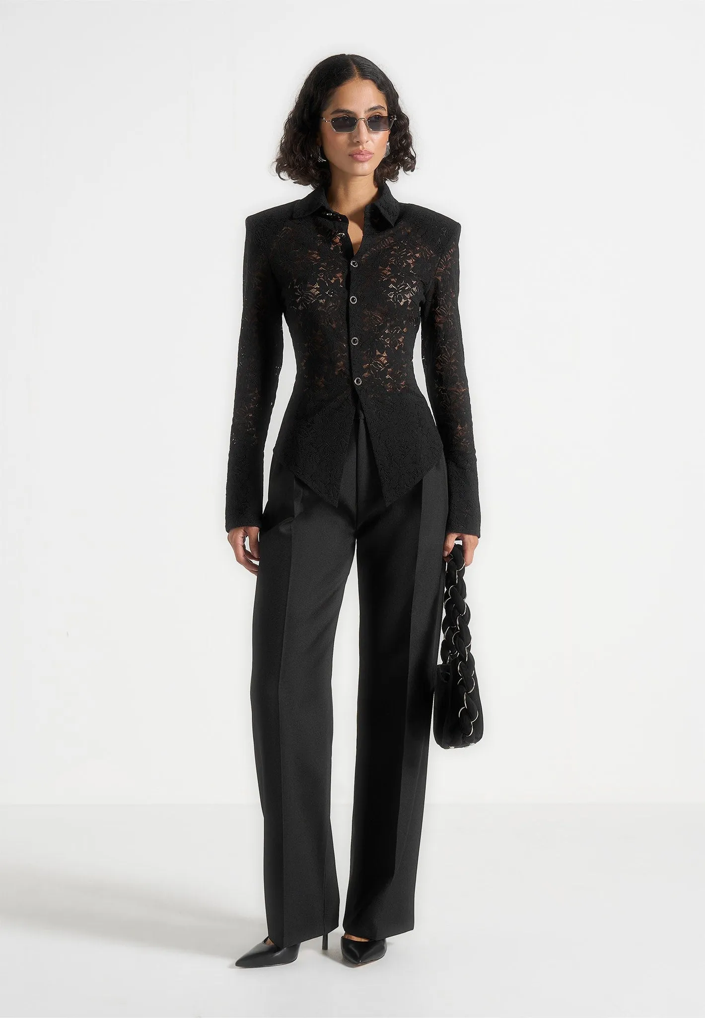 Comfortable and stylish Sila - Wide Shoulder Lace Angled Shirt - Black