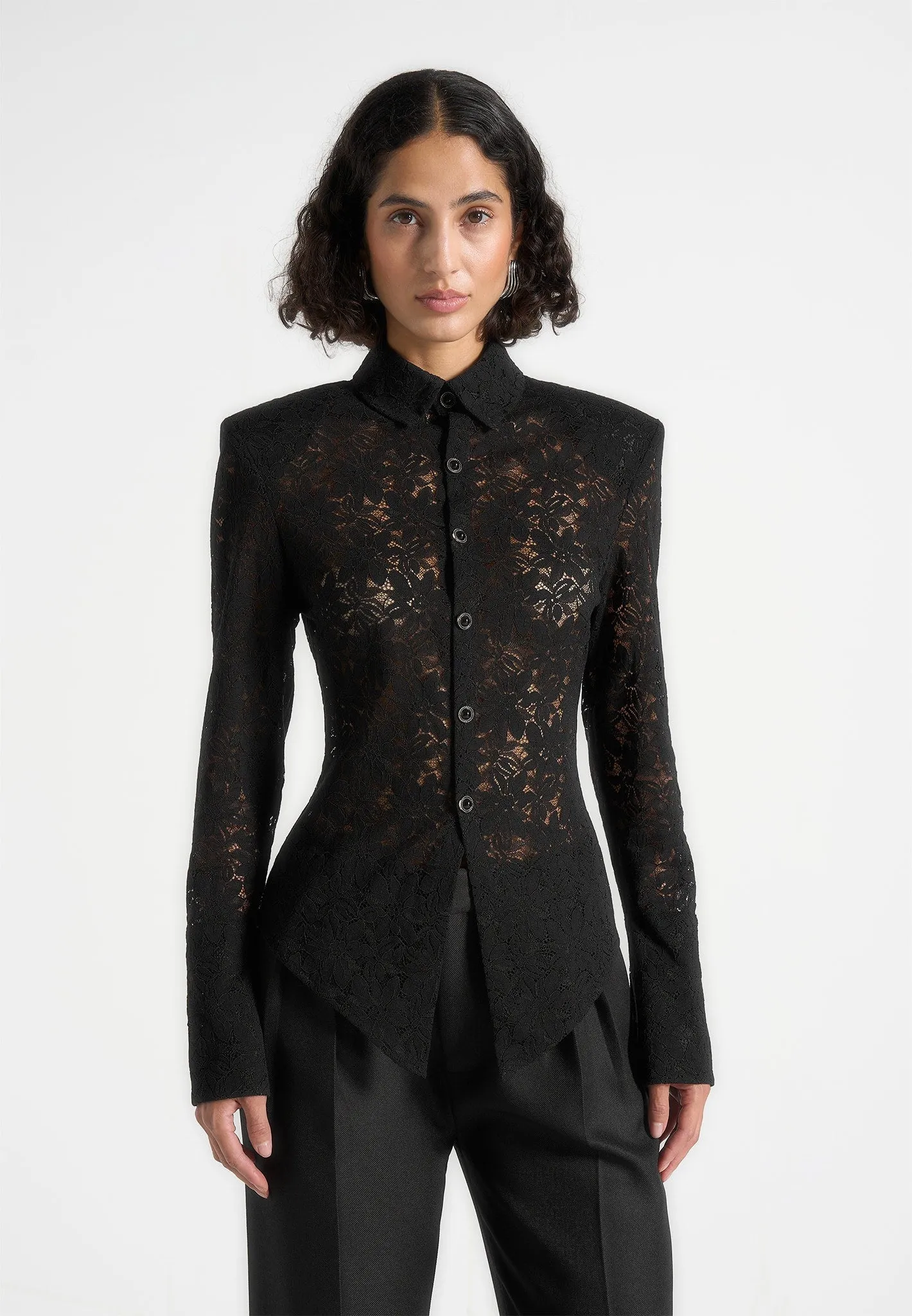 Cool Layering Sila - Wide Shoulder Lace Angled Shirt - Black
