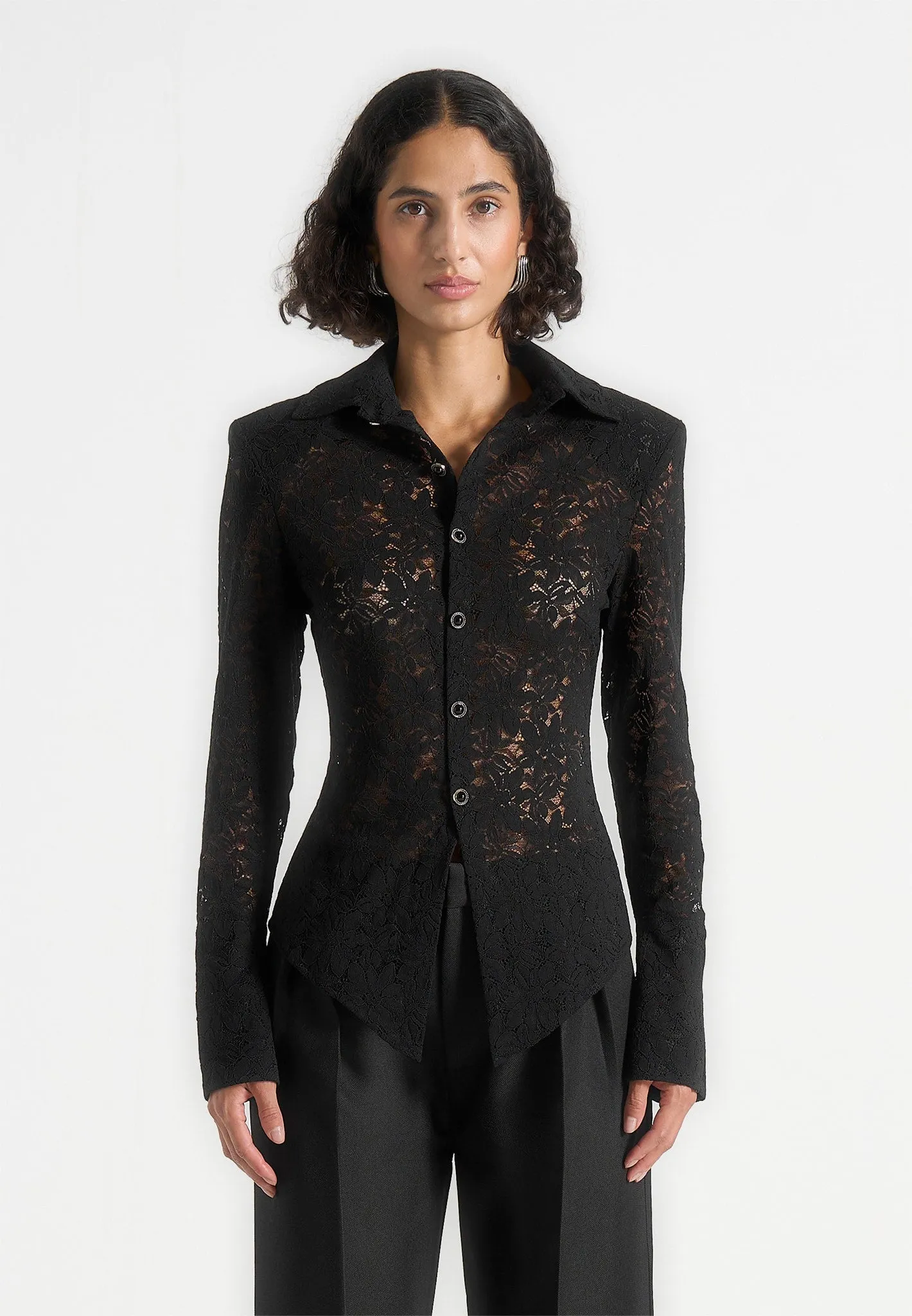 Sustainable Production Process AntiStaticLining Sila - Wide Shoulder Lace Angled Shirt - Black