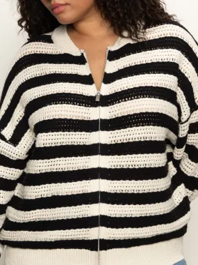 Open Knit Bomber Jacket Macrame Black Stripe Extended Sizing suitable for night wear Option