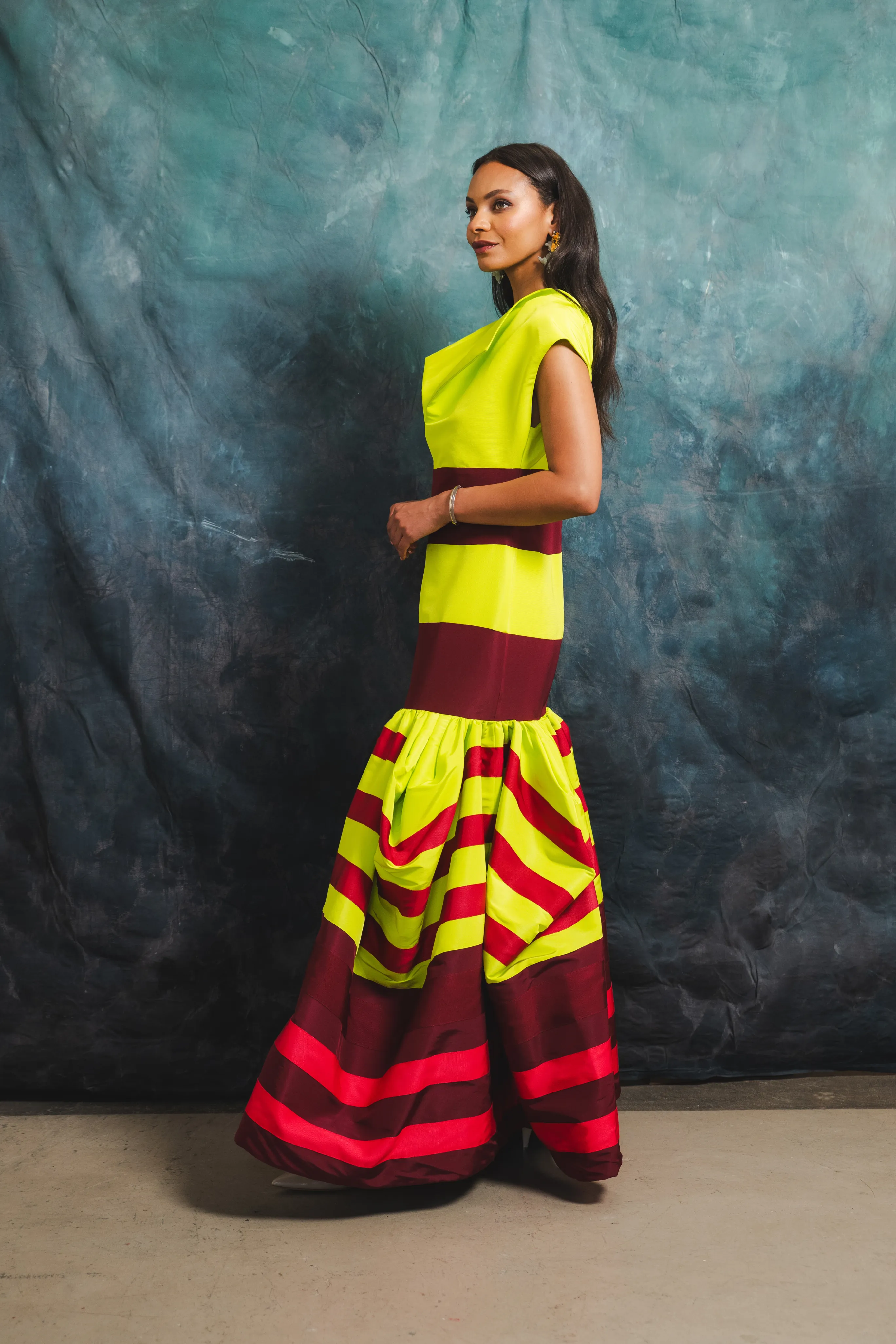 Silk Colorblock Peel Umbrella Gown HighNeck FadeResistant