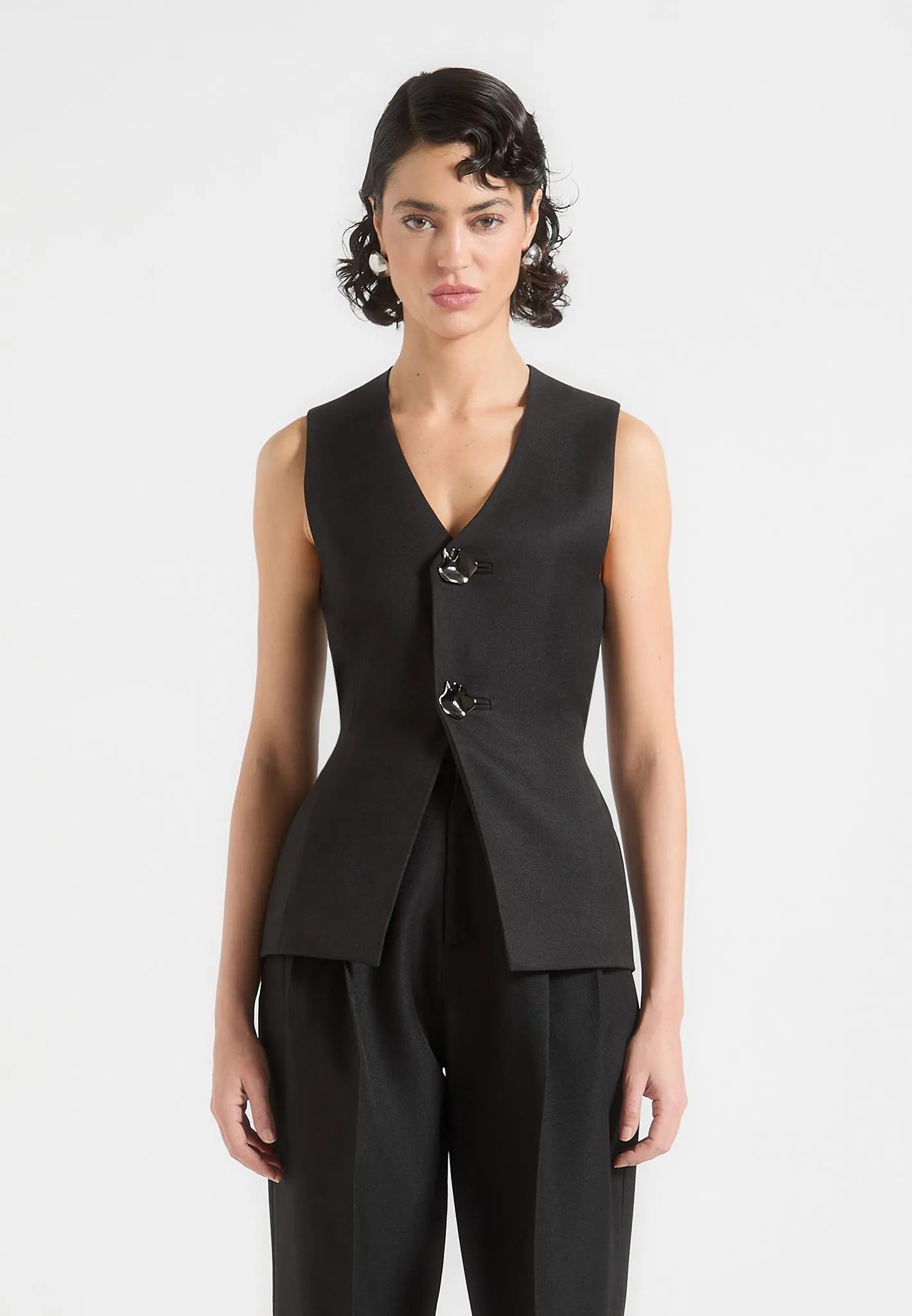 Perfectly Refined Simone - Cinch Waistcoat with Oversized Buttons - Black