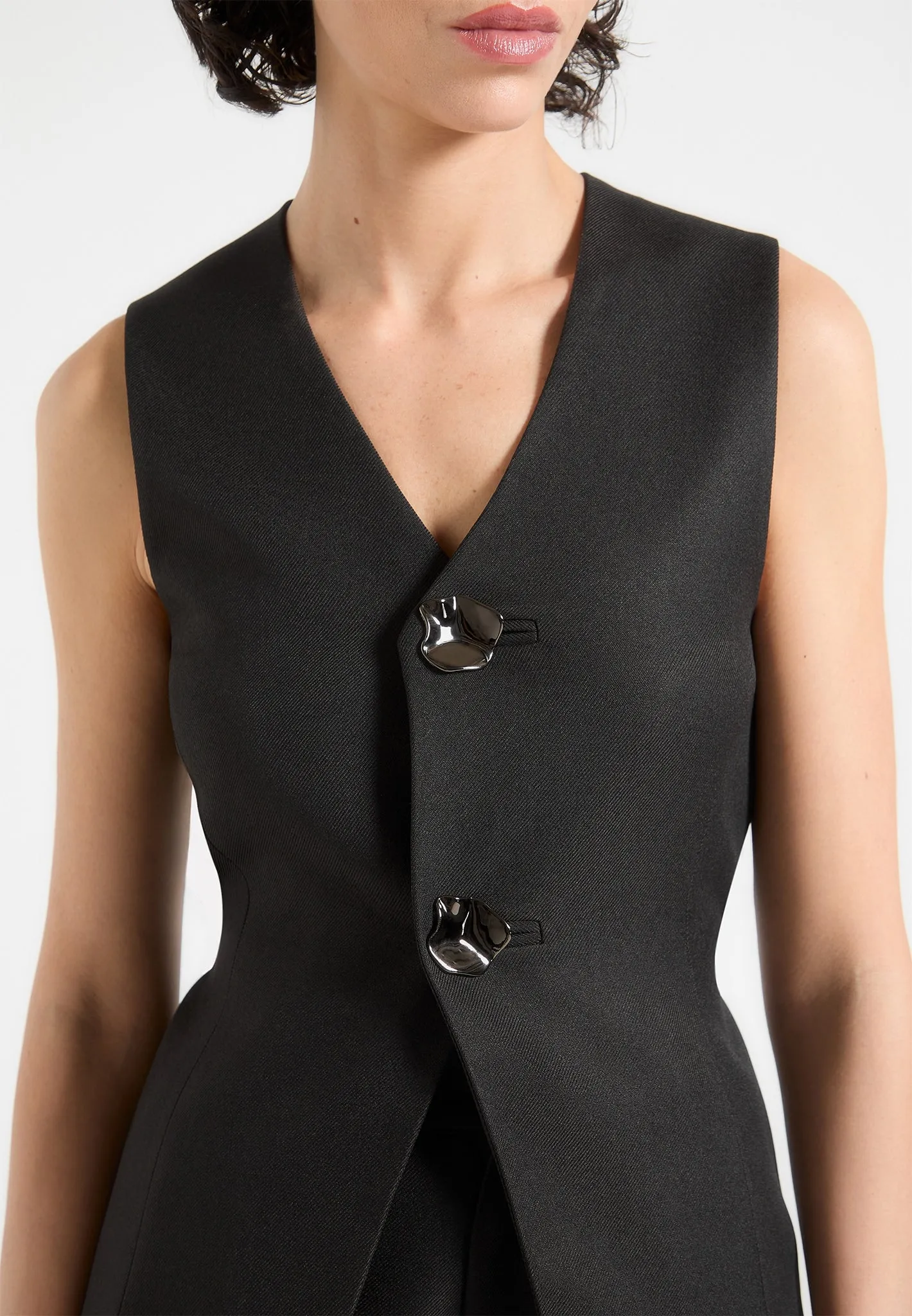 Flex Knit Back Panel Sleek Office Wear Simone - Cinch Waistcoat with Oversized Buttons - Black