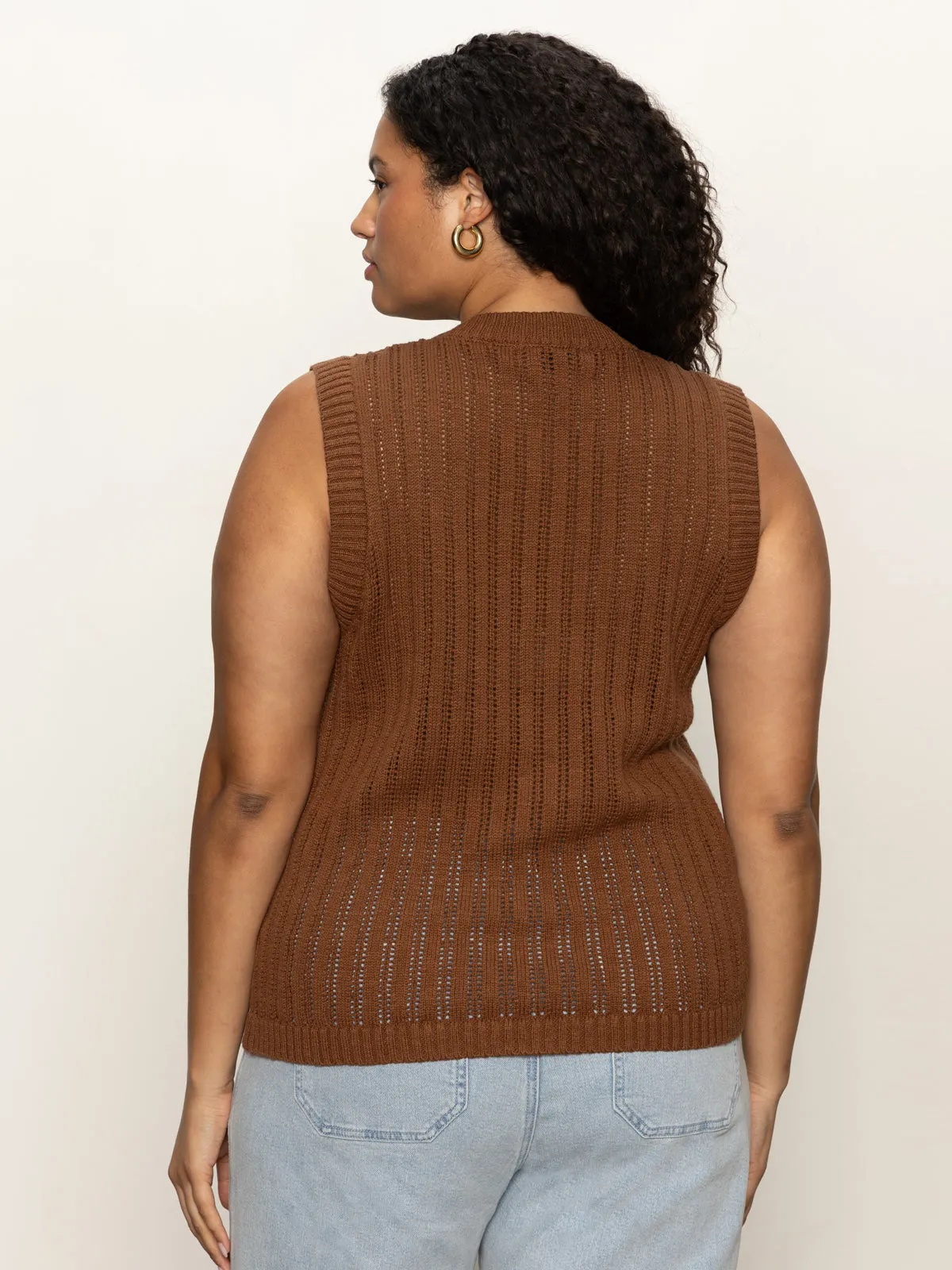 Lightweight Padding Pointelle Shell Sweater Sepia Extended Sizing