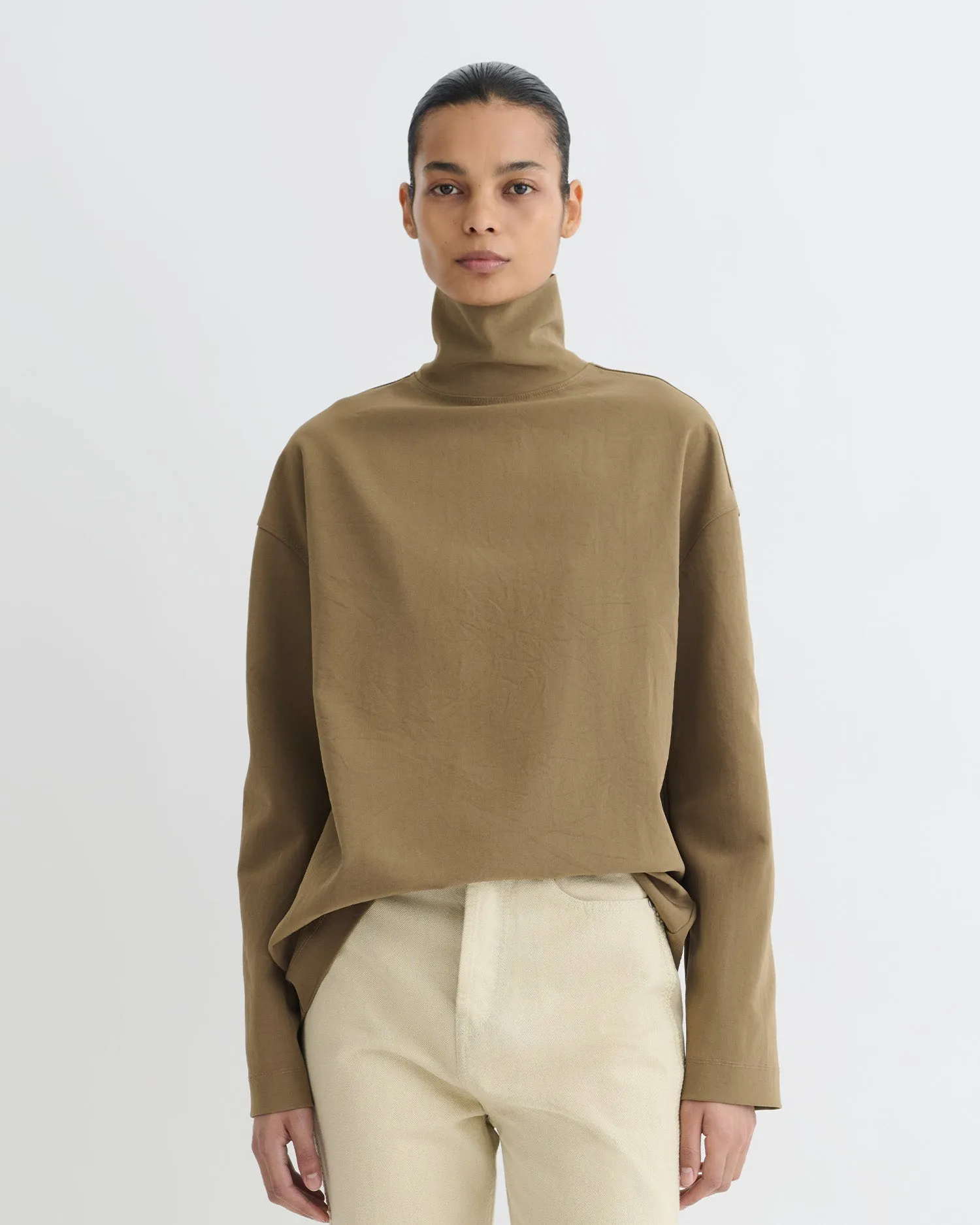 TwillWeave SoftTouchFinish Sitara - Paper Jersey Turtleneck Top - Brown
