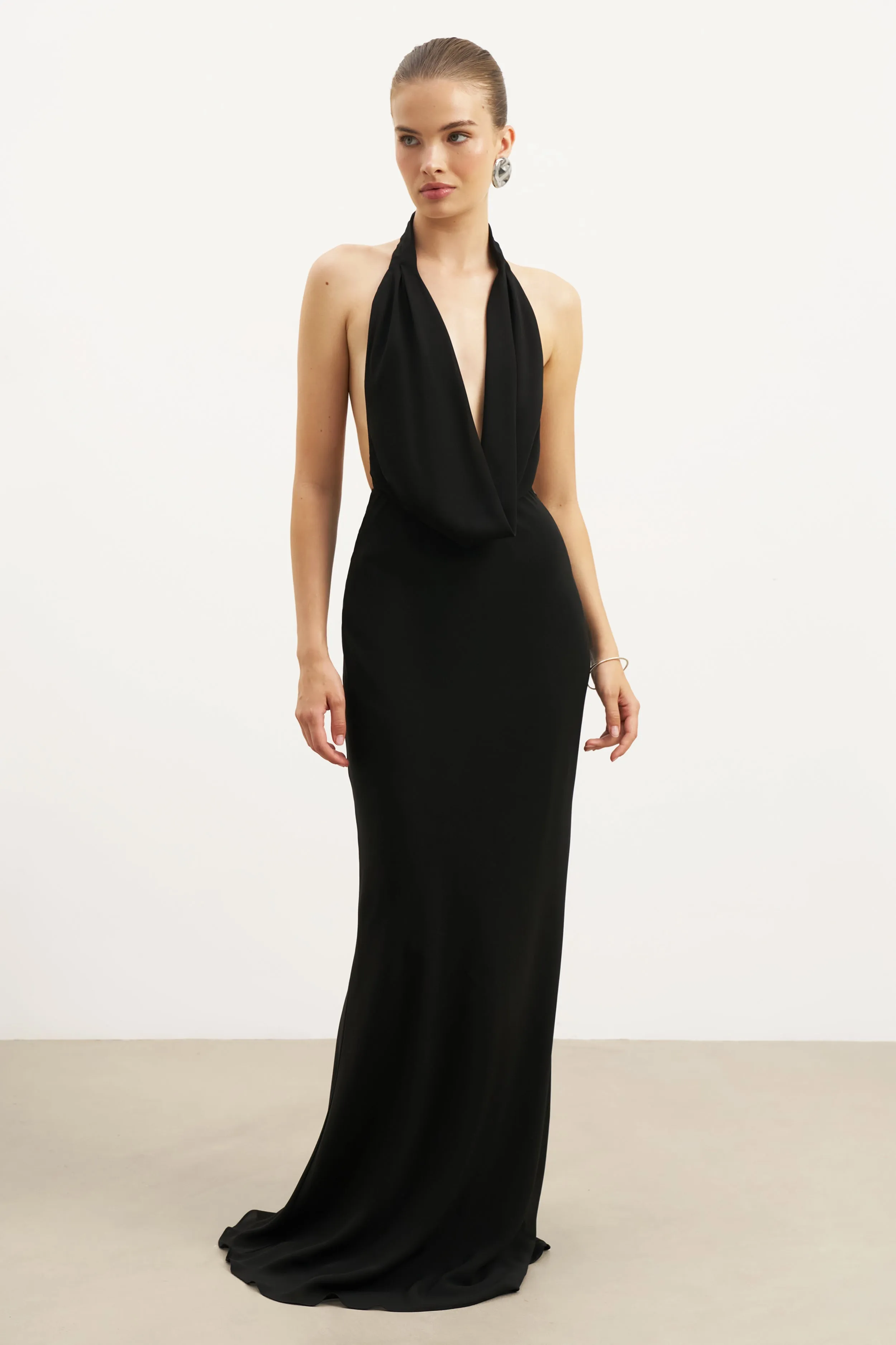 monochrome Chiffon Plunging Cowl Neck Maxi Dress - Black