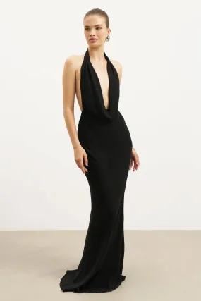 Live Soft Chiffon Plunging Cowl Neck Maxi Dress - Black