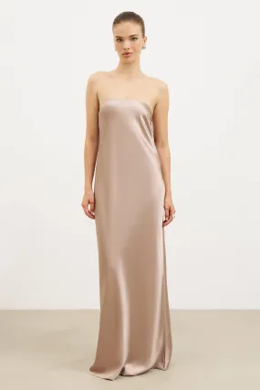 Satin Cowl Back Maxi Dress - Taupe Chic and Cozy
