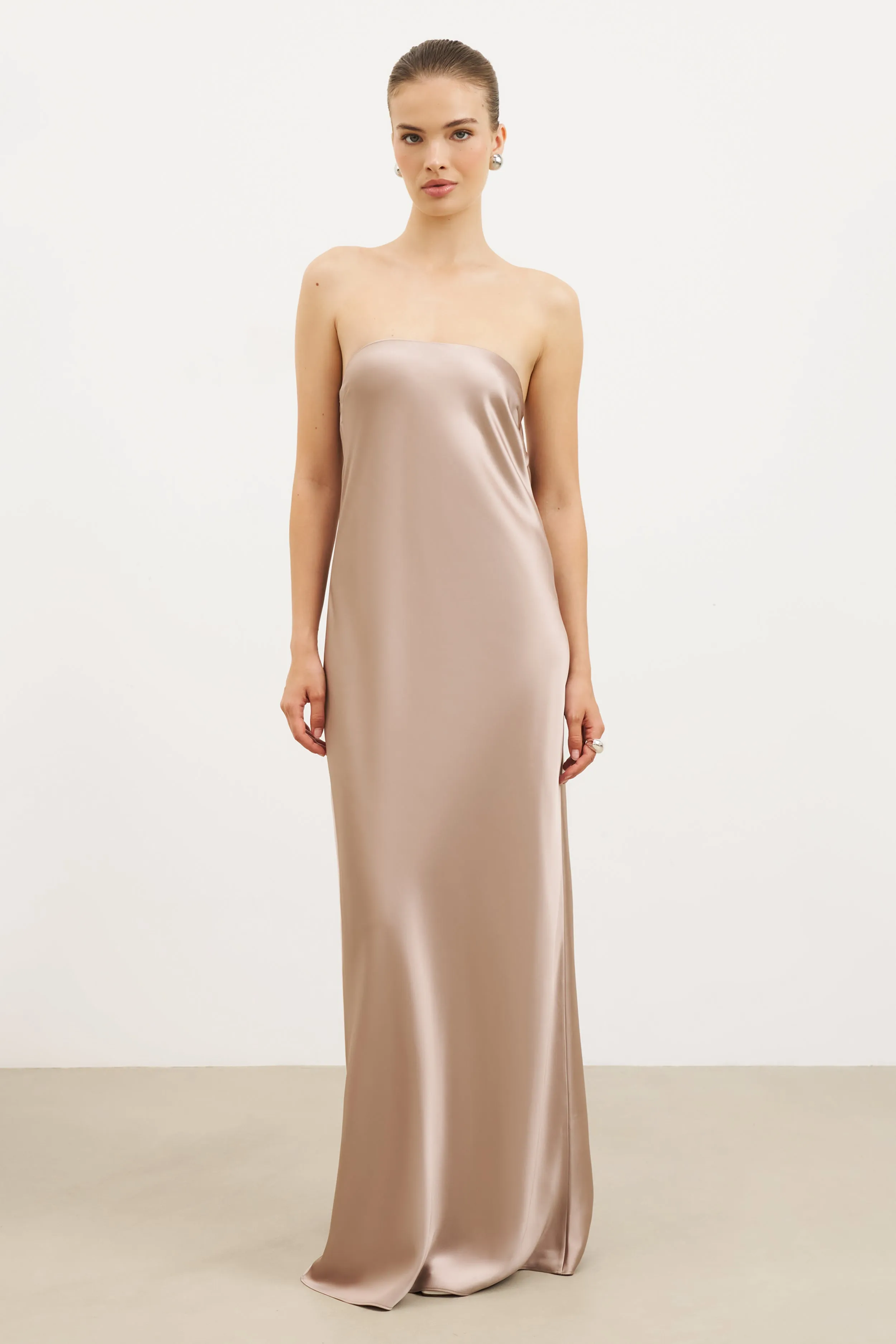 Satin Cowl Back Maxi Dress - Taupe Vintage-Inspired