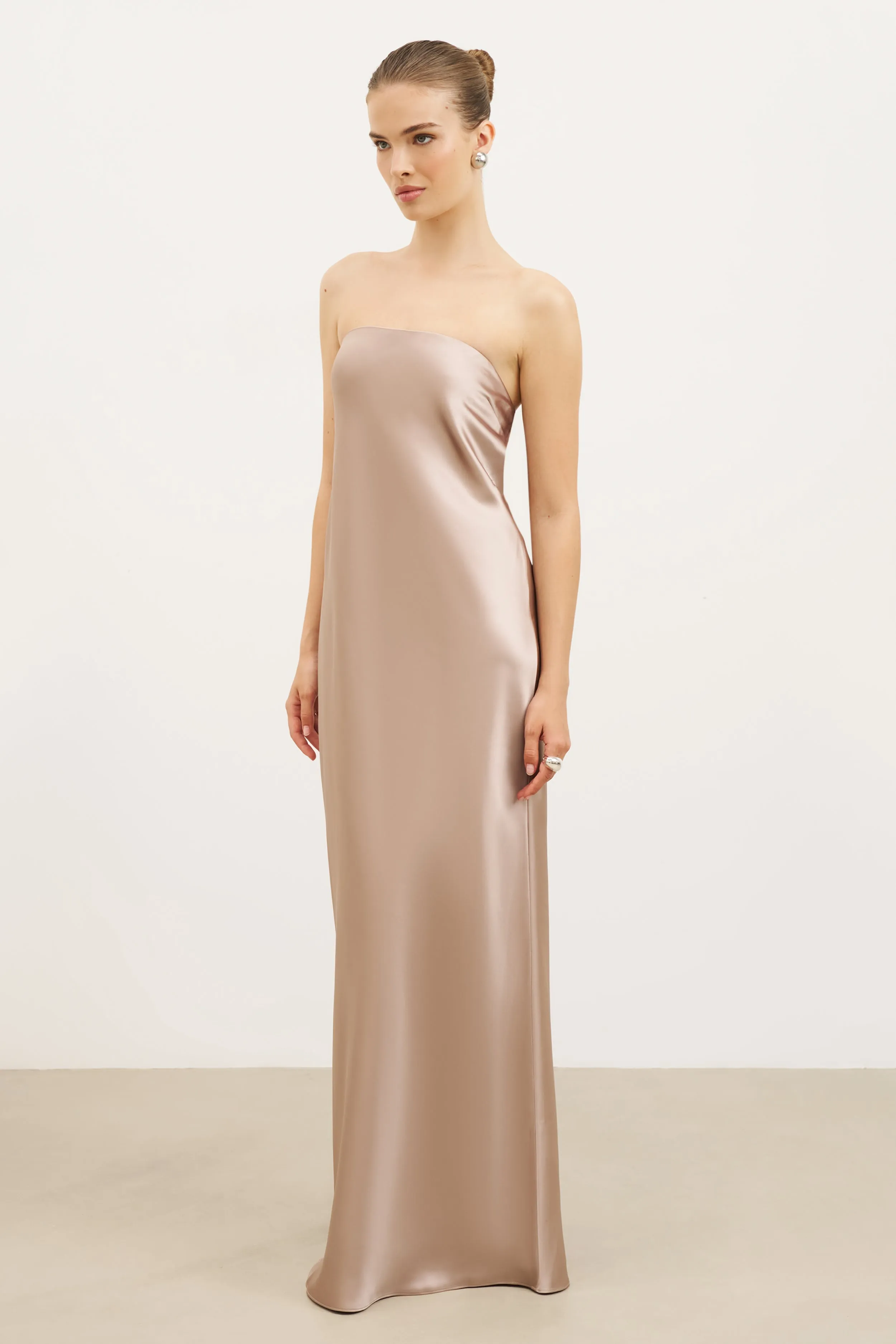 Satin Cowl Back Maxi Dress - Taupe Quick Layer