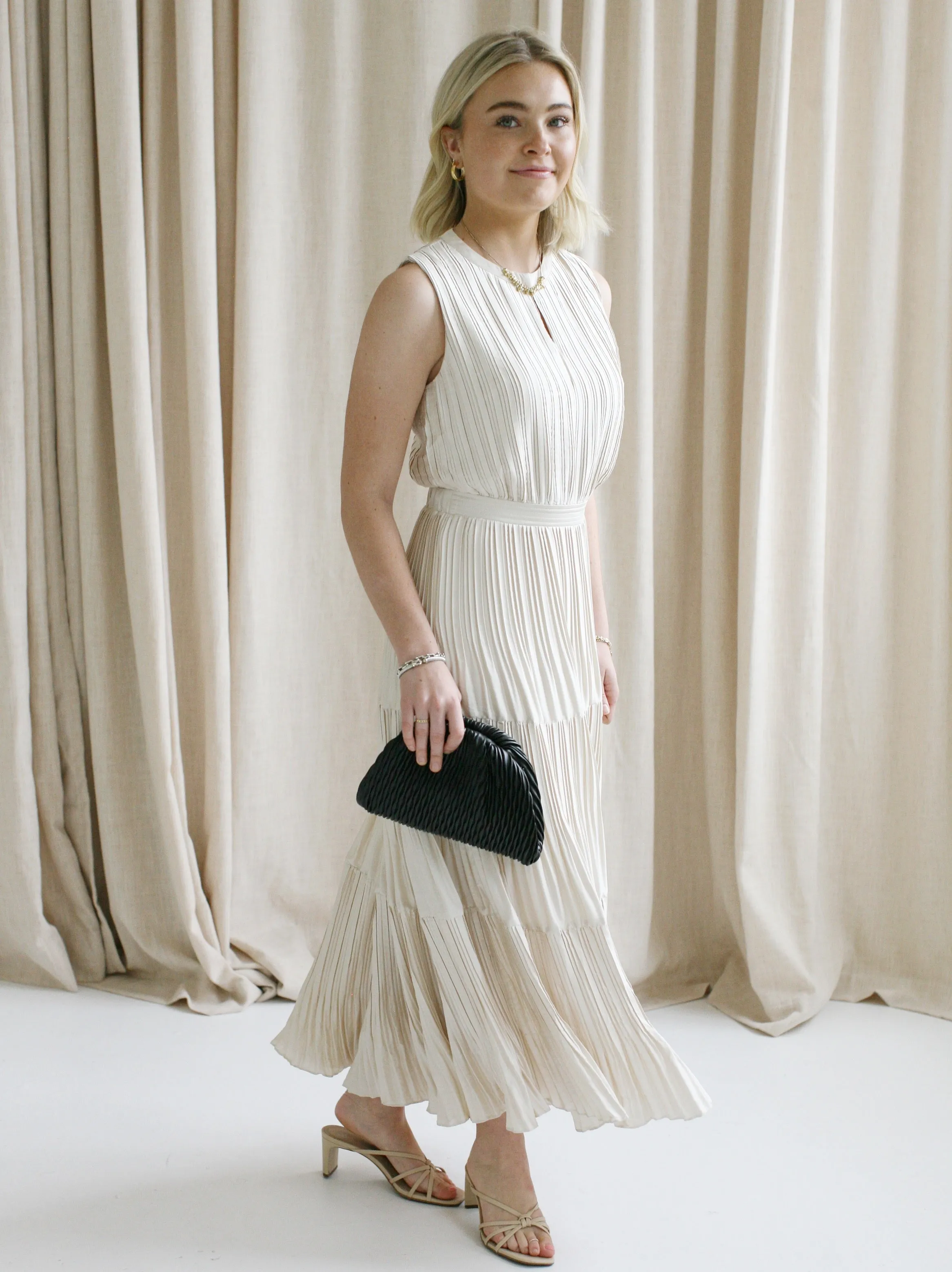 Sheer Look Party Safe Sleeveless Taupe Pleat Dress