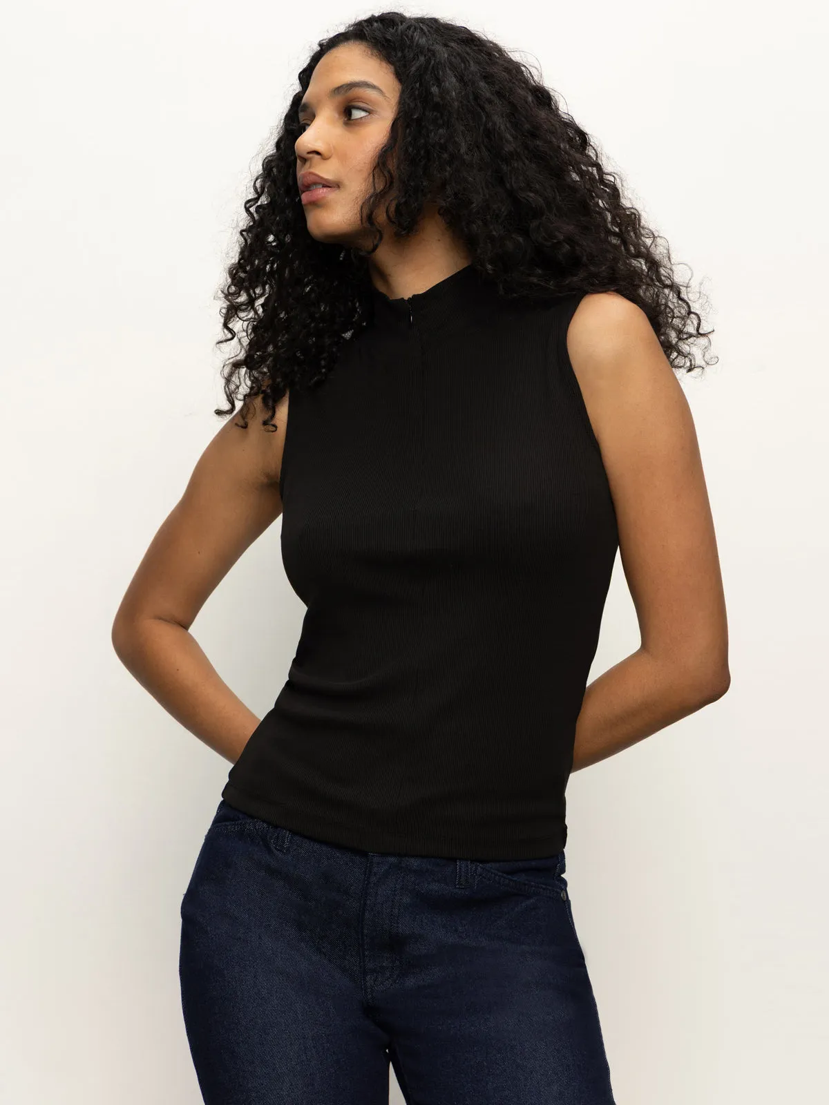 Sleeveless Zip Mock Top Black Ethical production